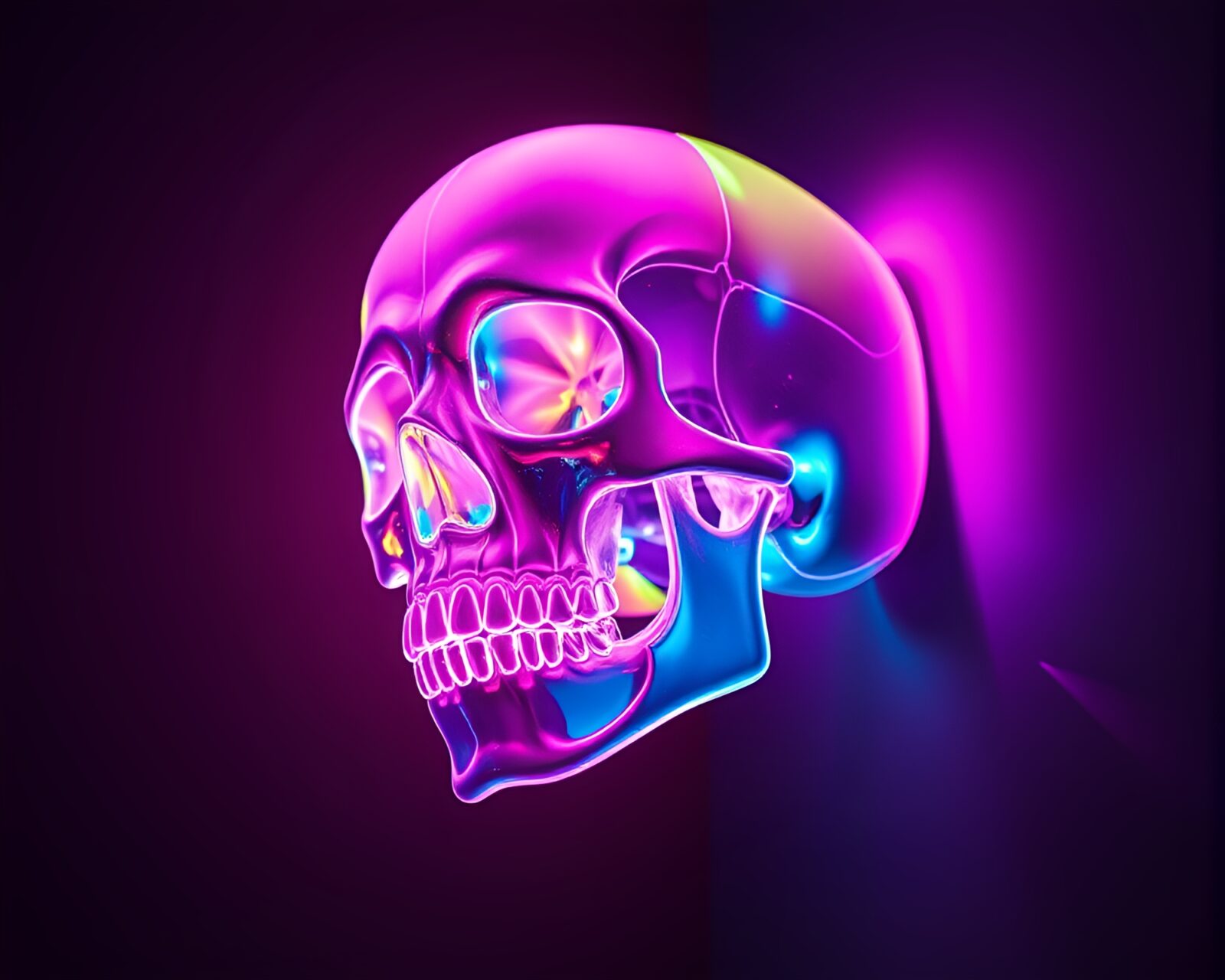 Vibrant crystal skull at an angle in dreamy neon hues