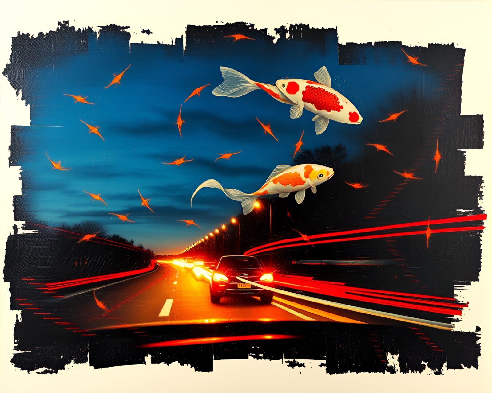 Abstract encaustic painting with Koi fish and car light trails