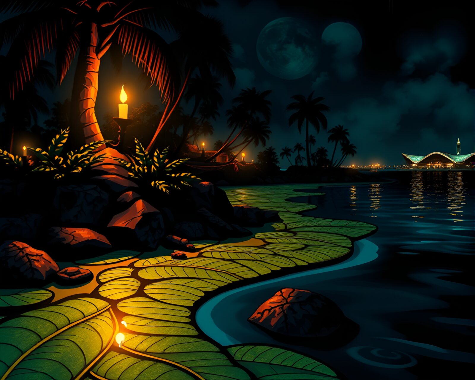 Colorful graffiti leaf veins on candlelit island scene