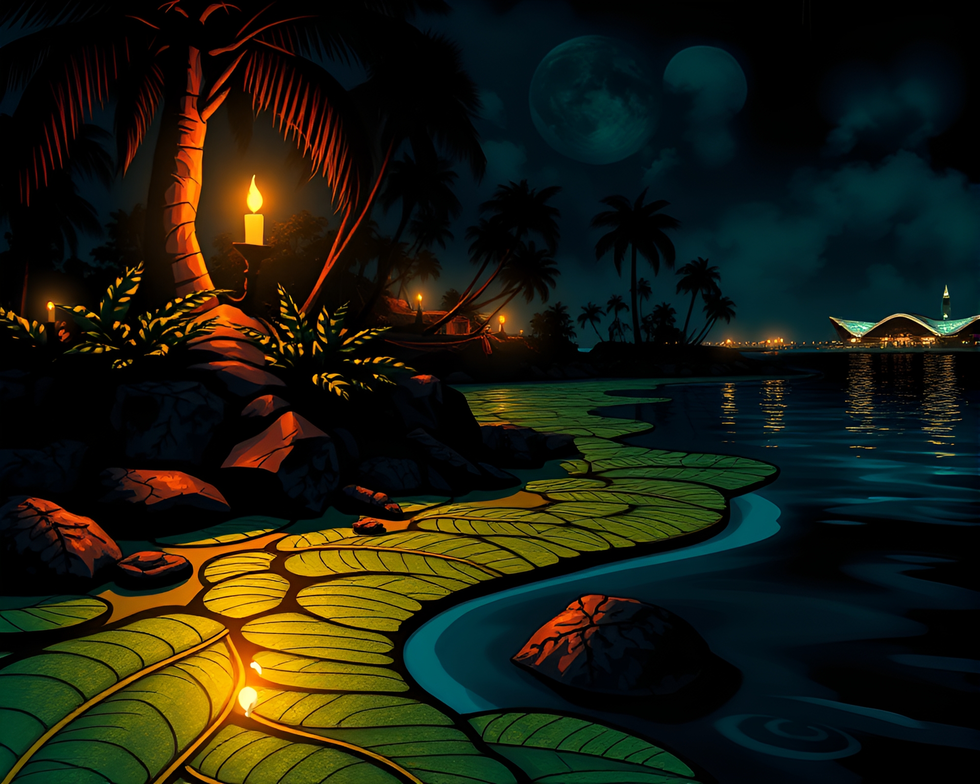 Candlelit Island with Graffiti Leaf Patterns – free AI stock image