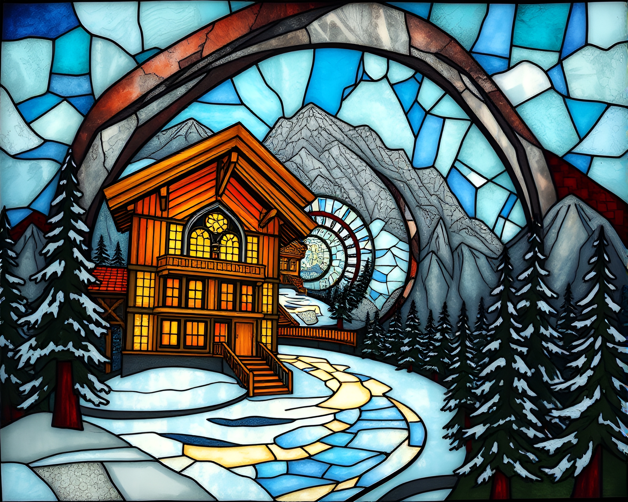 Fibonacci Spiral Alpine Chalet with Stained Glass Light – free AI stock image
