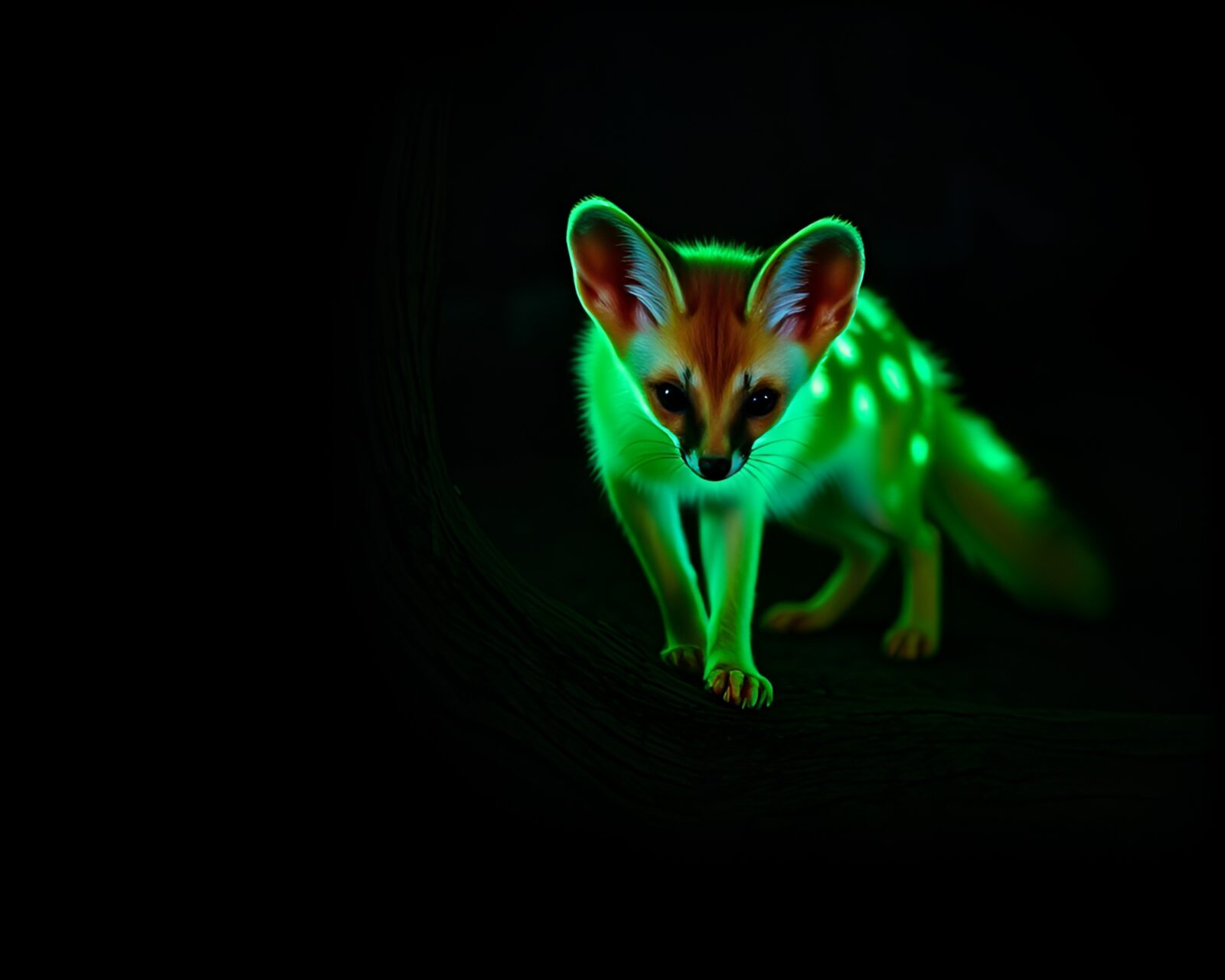 Telephoto image of a majestic fennec fox among luminous wood grains