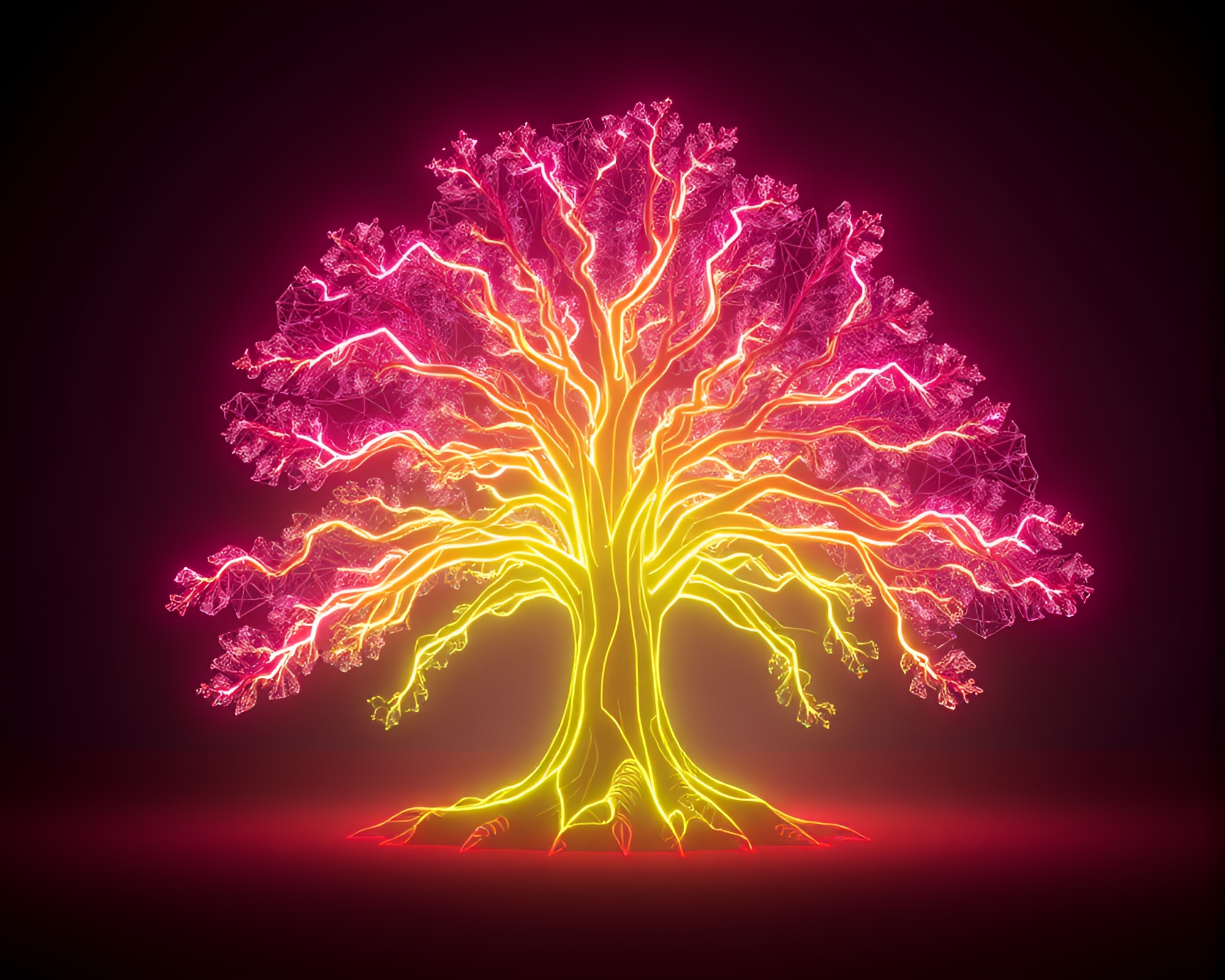 Neon Wireframe Redwood Tree in Bioluminescent Glow – free AI stock image