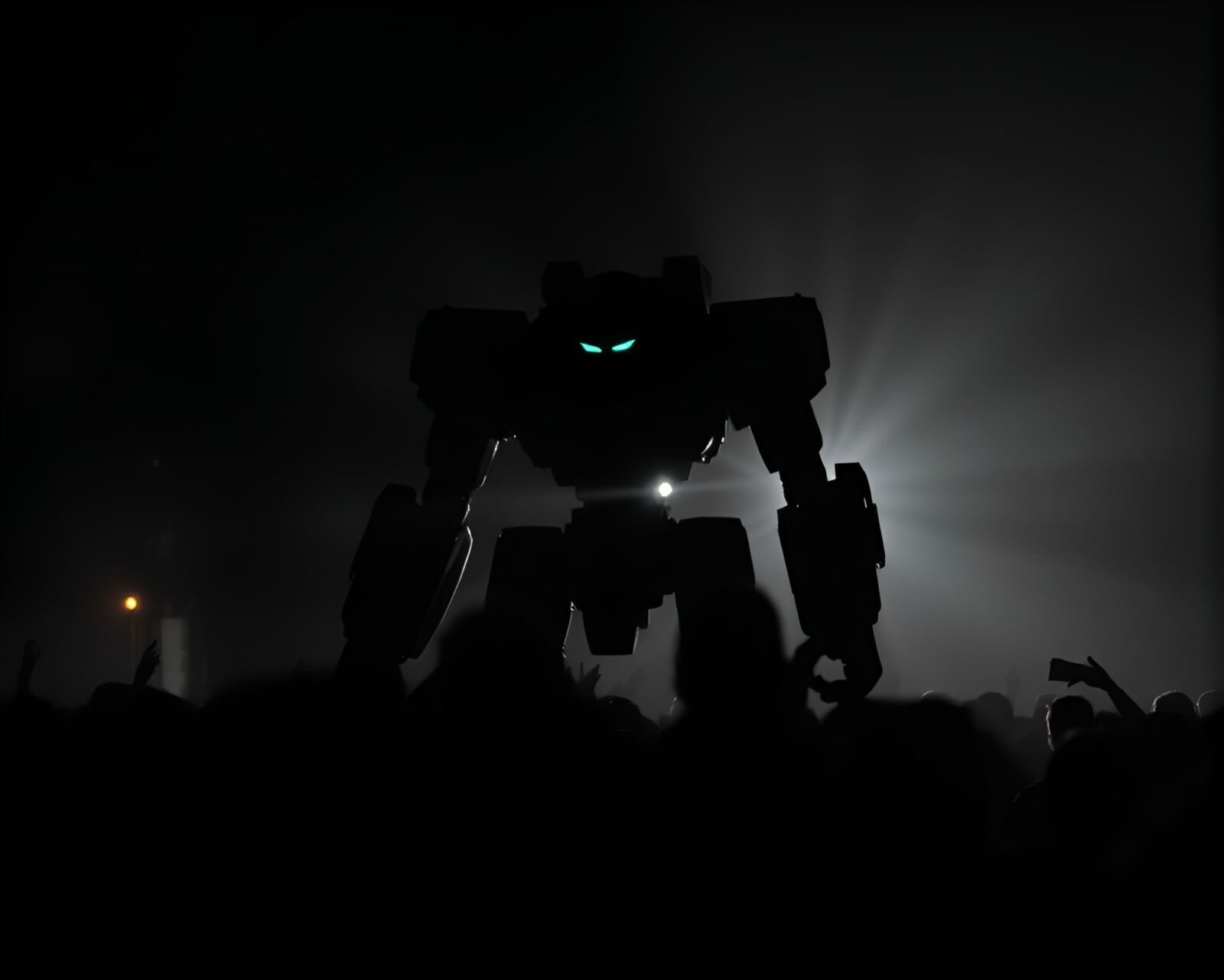 Glowing lens flare illuminating silhouetted robots in epic combat