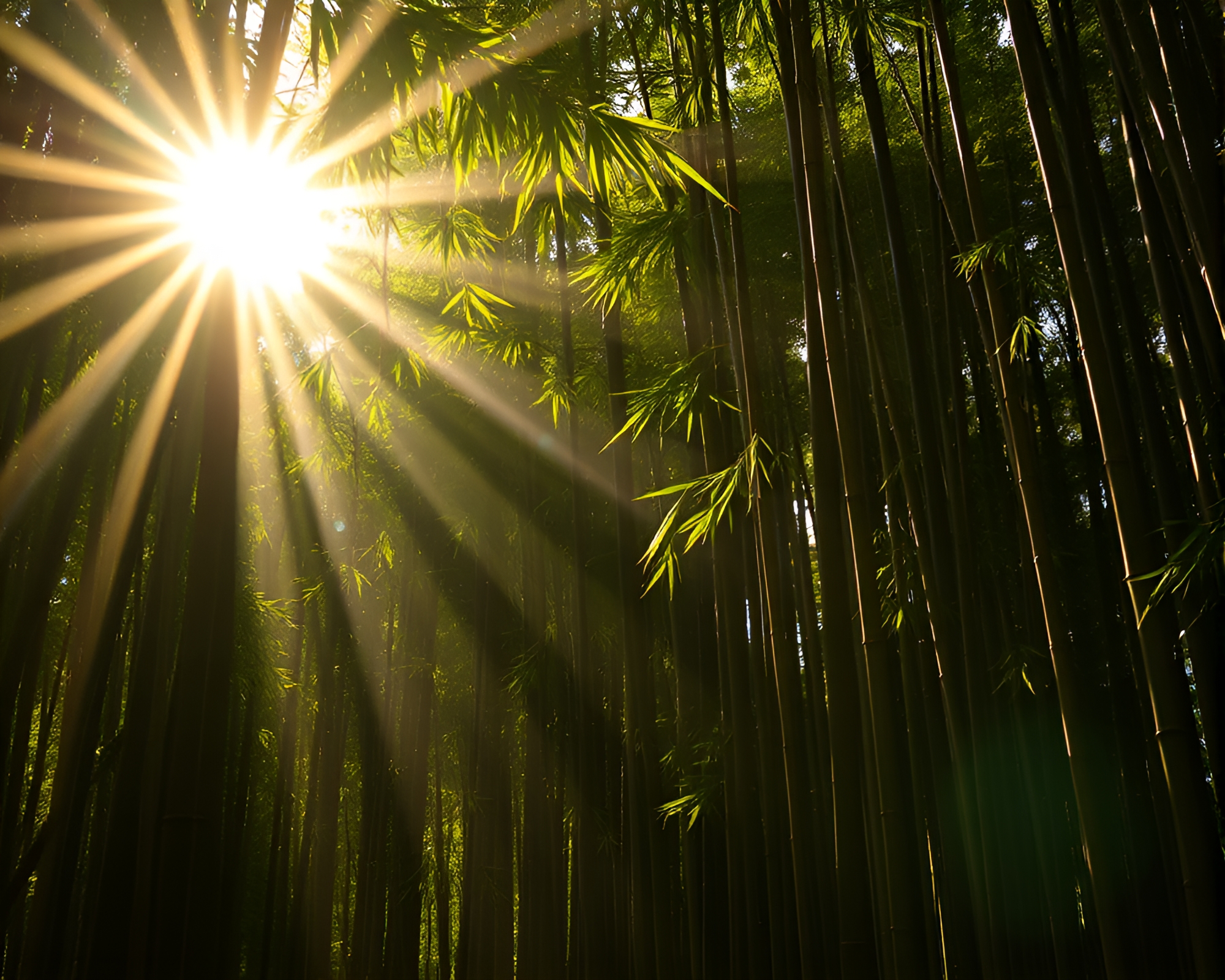Bamboo Grove Bathed in Theatrical Sun Glares – free AI stock image