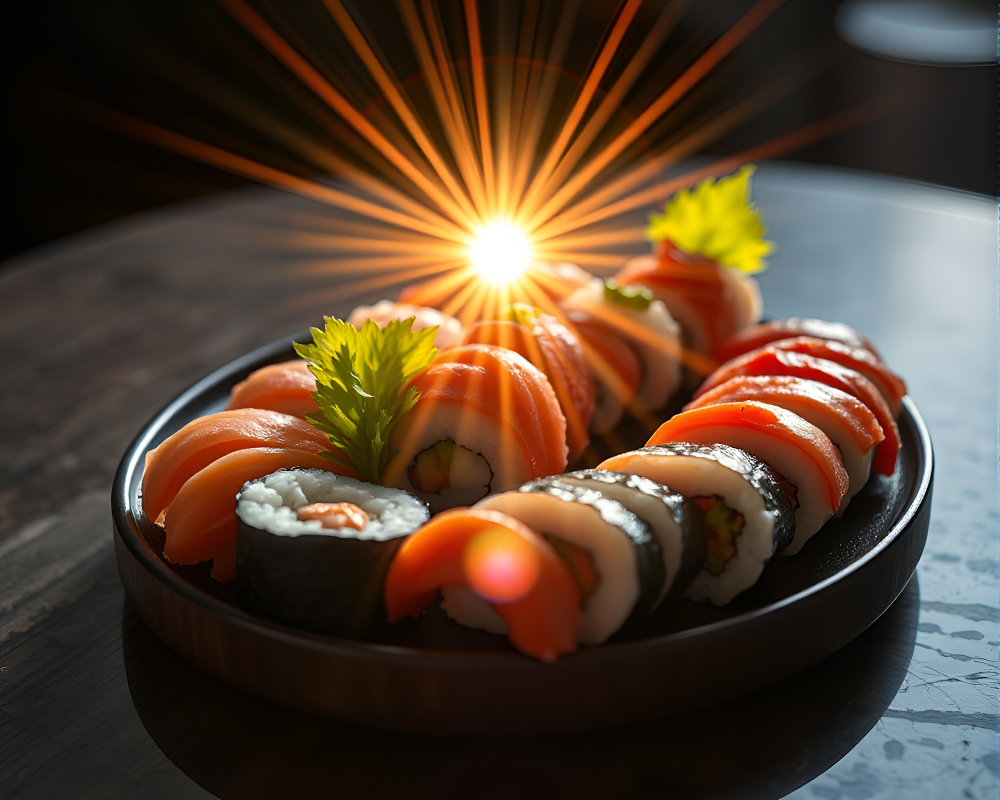 Sushi Platter with Vibrant Lens Flare Bursts – free AI stock image