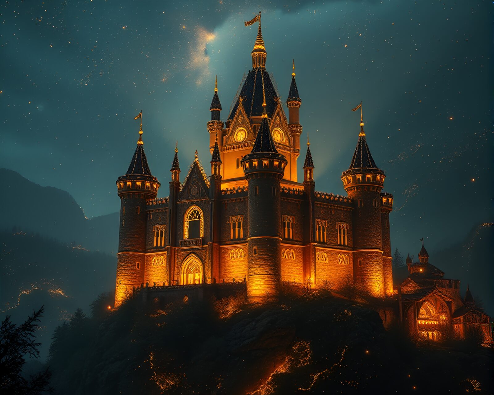 Castle glowing with captivating gold foil highlights in darkness