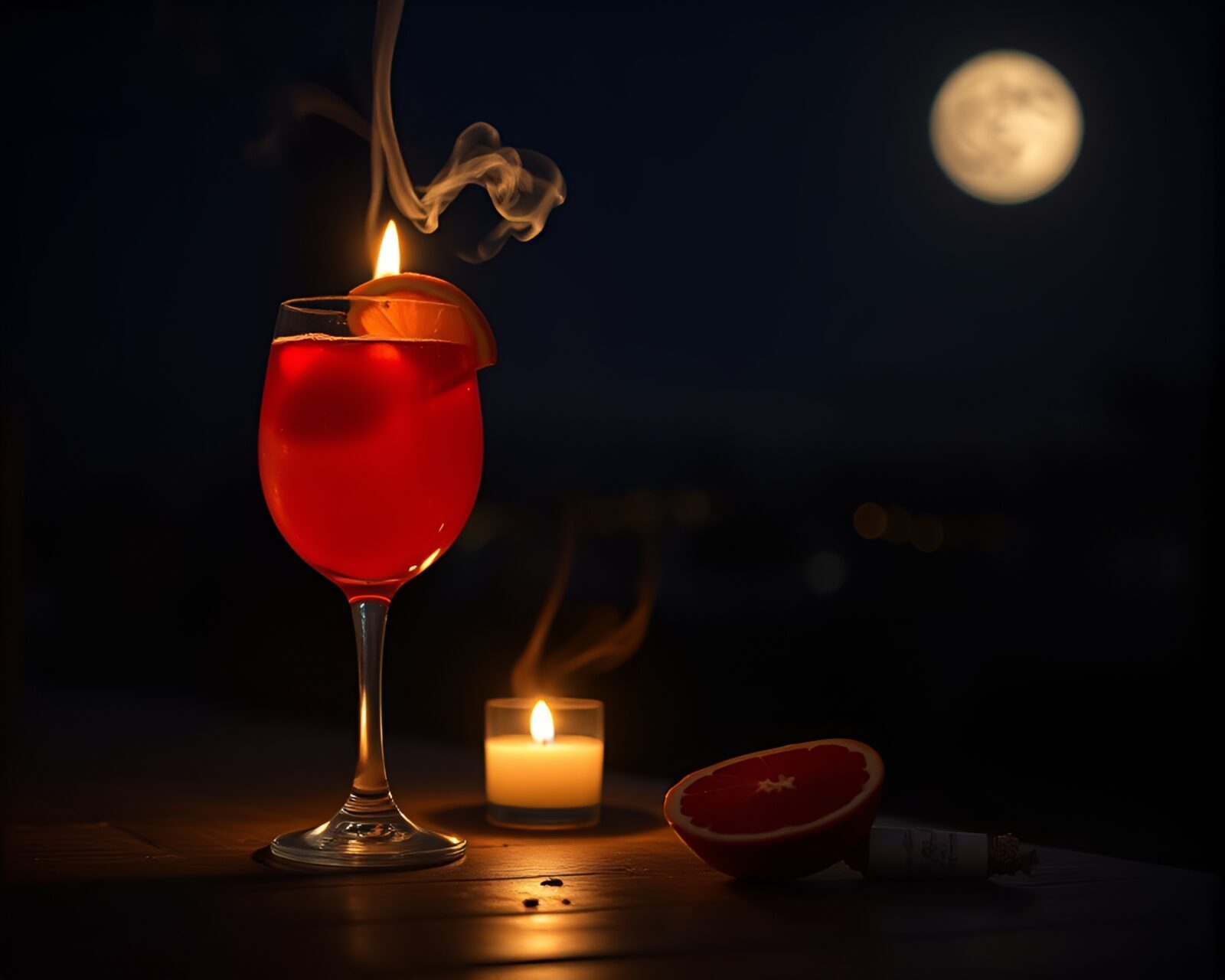 A mesmerizing cinemagraph of a glowing blood orange cocktail in candle smoke under moonlight