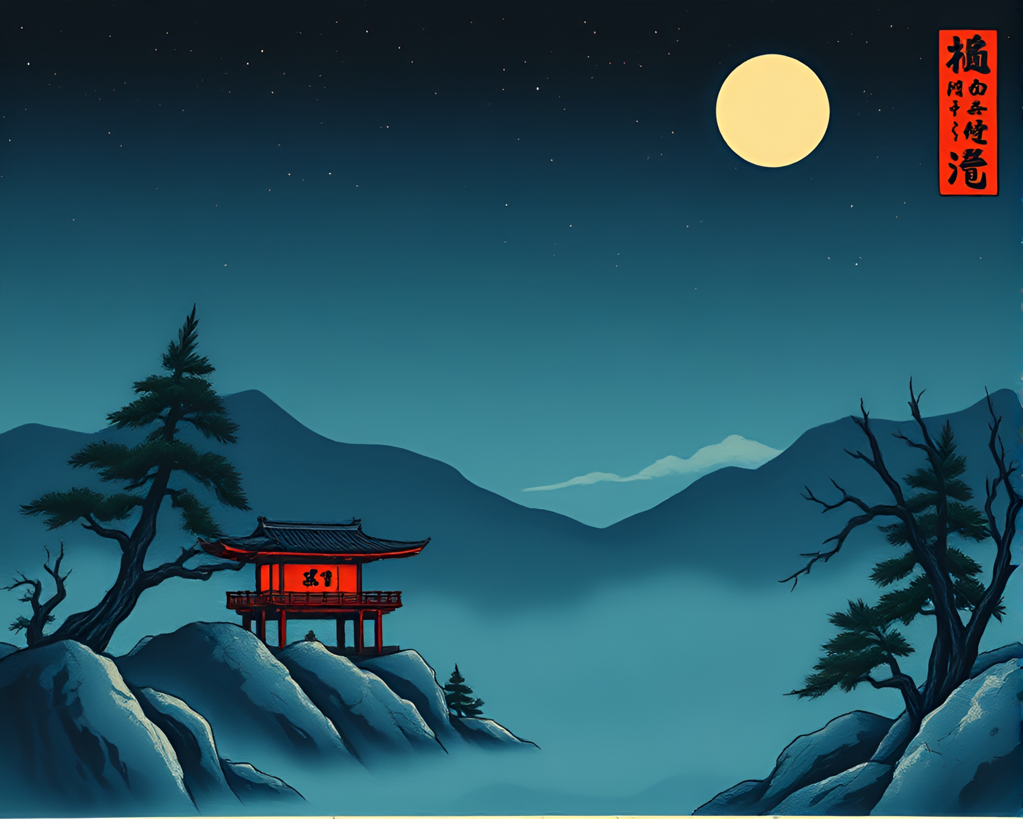 Ancient Moonlit Scroll: 16-bit Woodblock Impressions – free AI stock image