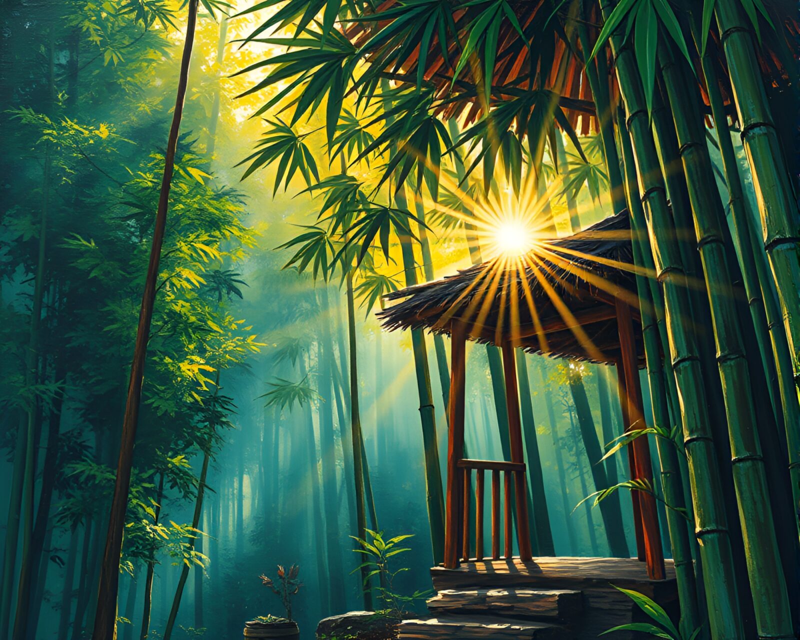 Rustic hut surrounded by vibrant bamboo grove in comic book art