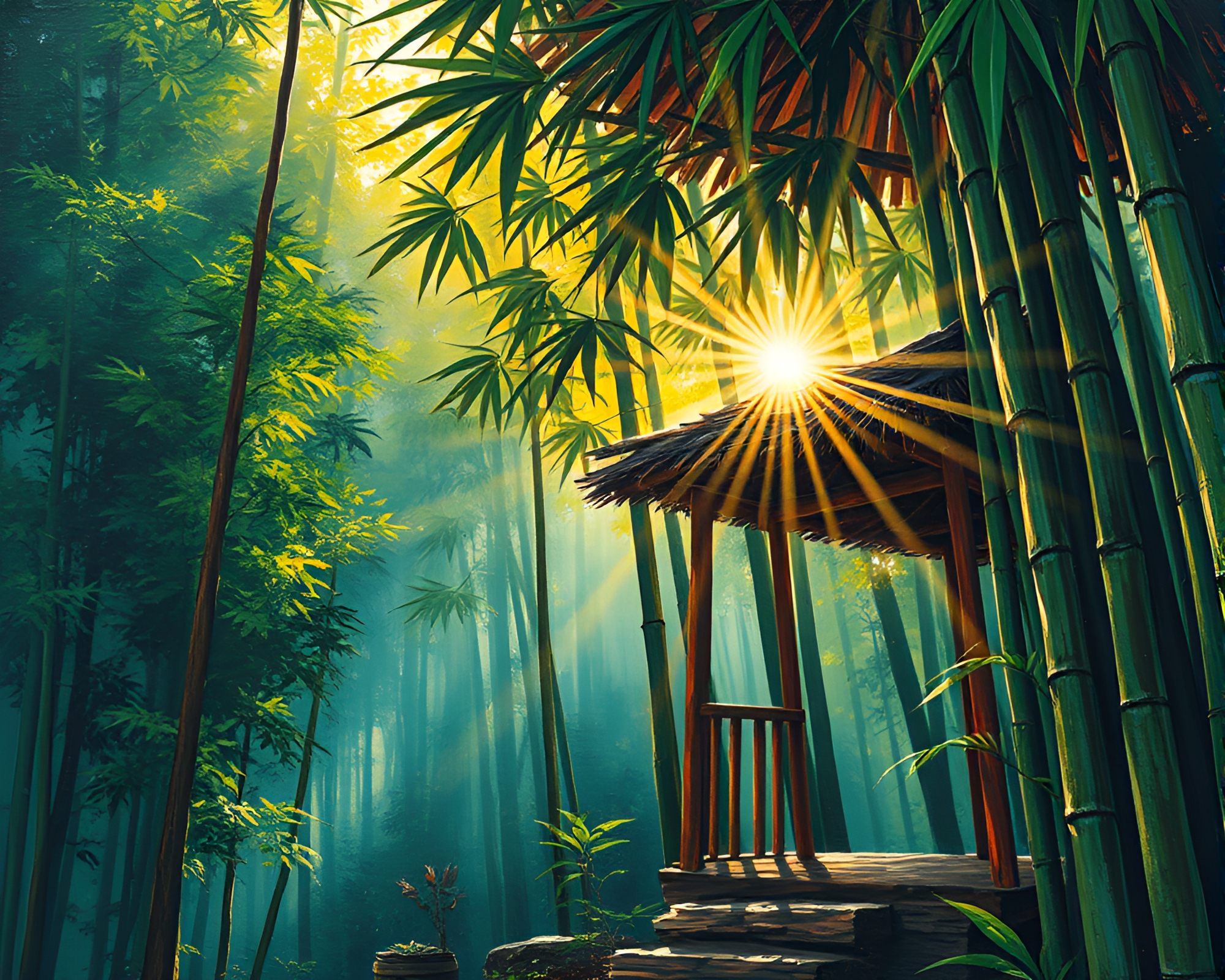 Bamboo Hut in Luminous Oil Impasto Comic Style – free AI stock image
