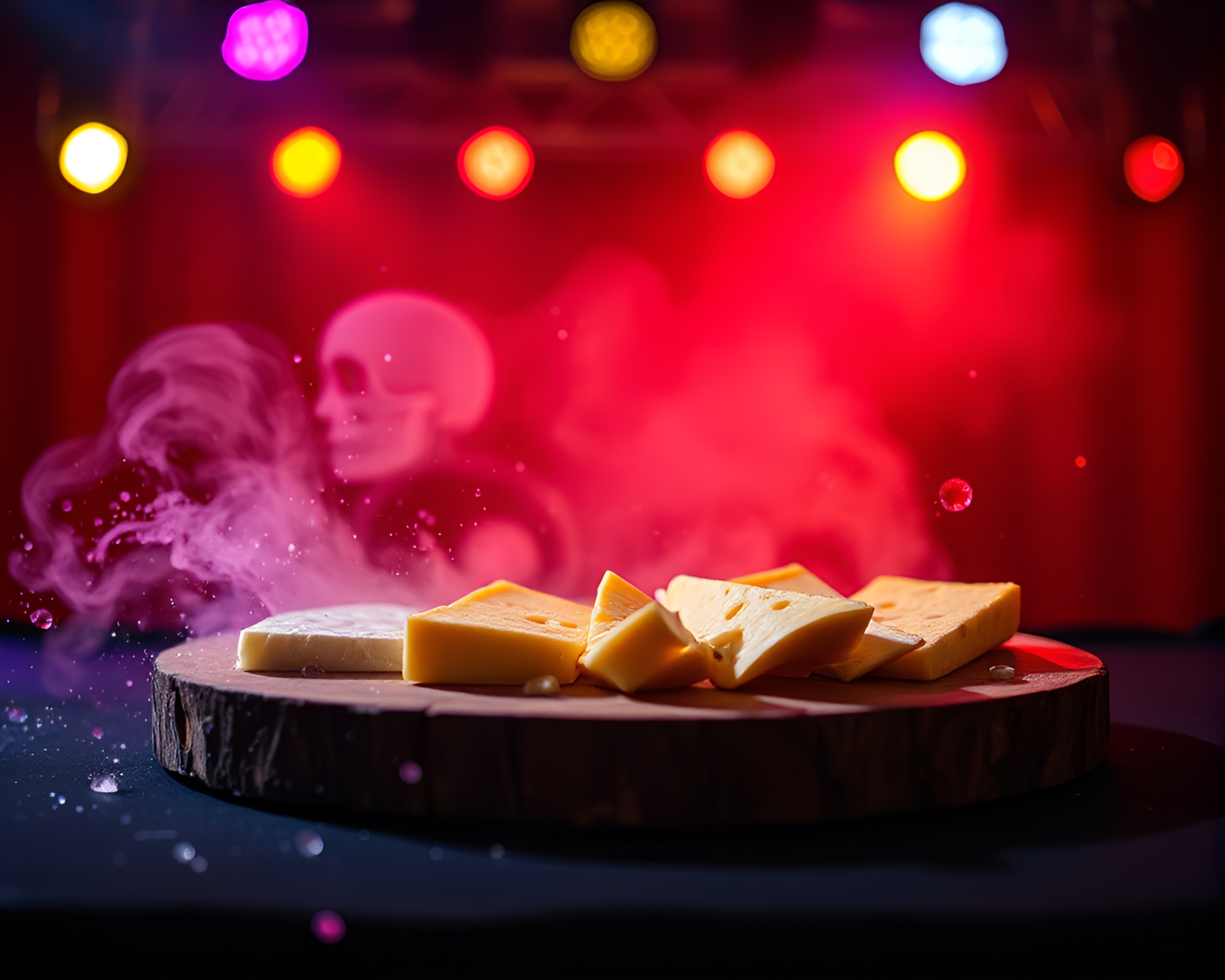 Vibrant Cheese Platter Illuminated by Concert Lights – free AI stock image