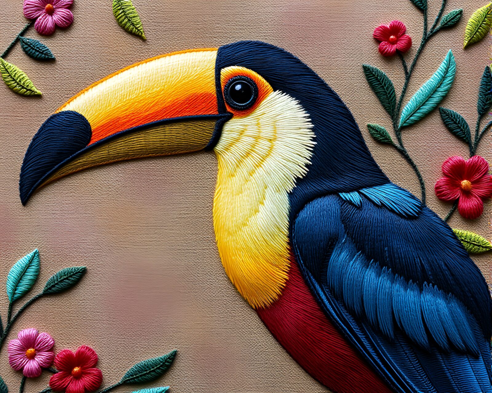 Colorful toucan with intricate embroidery details in rich tones