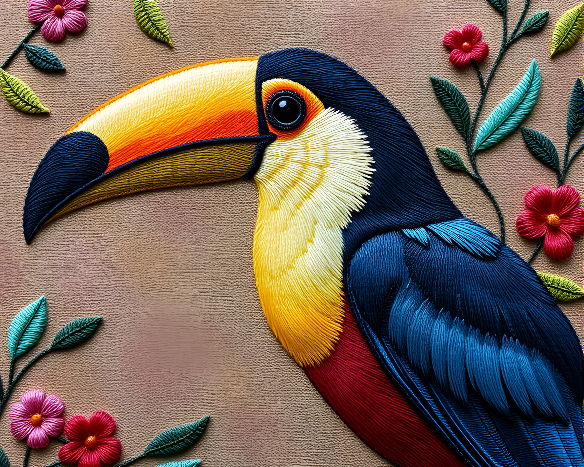 Vibrant Toucan Embroidery in Gouache Painting – free AI stock image