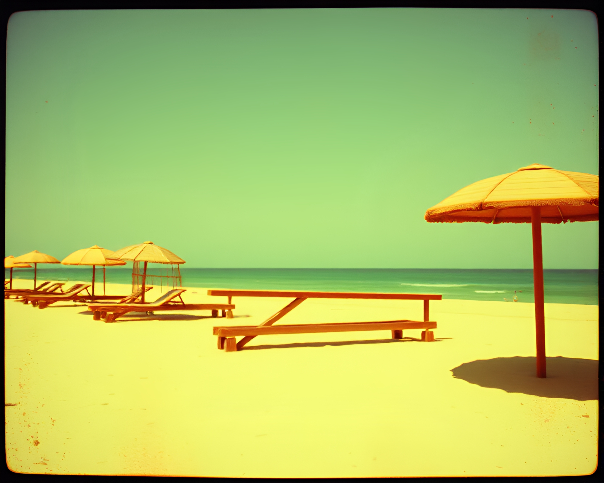 Rustic Beach Sunset with VHS Glitch Noir Aesthetic – free AI stock image