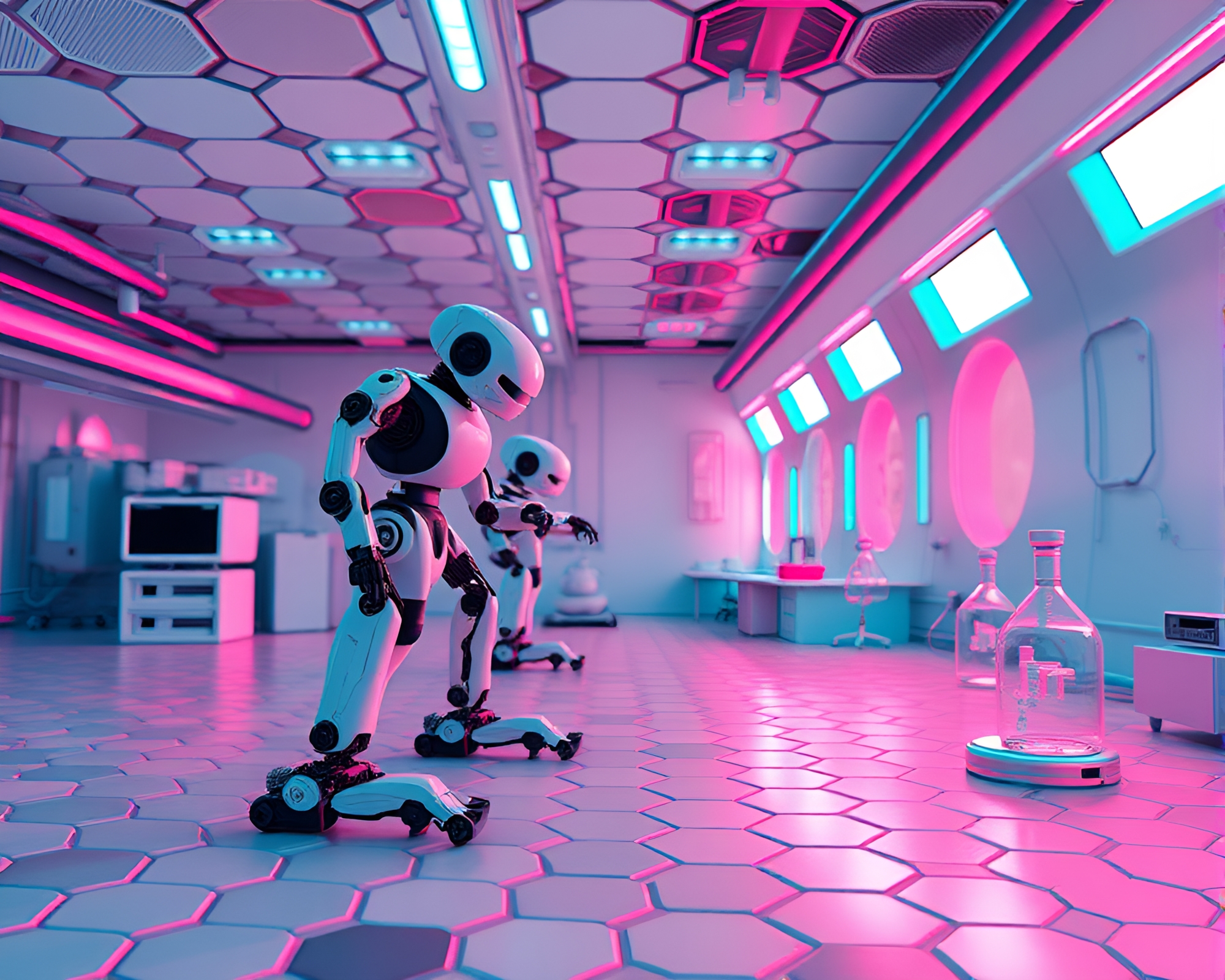 Sunrise-Pink Robotics Laboratory in 3D Anaglyph Hexagonal Tiling – free AI stock image
