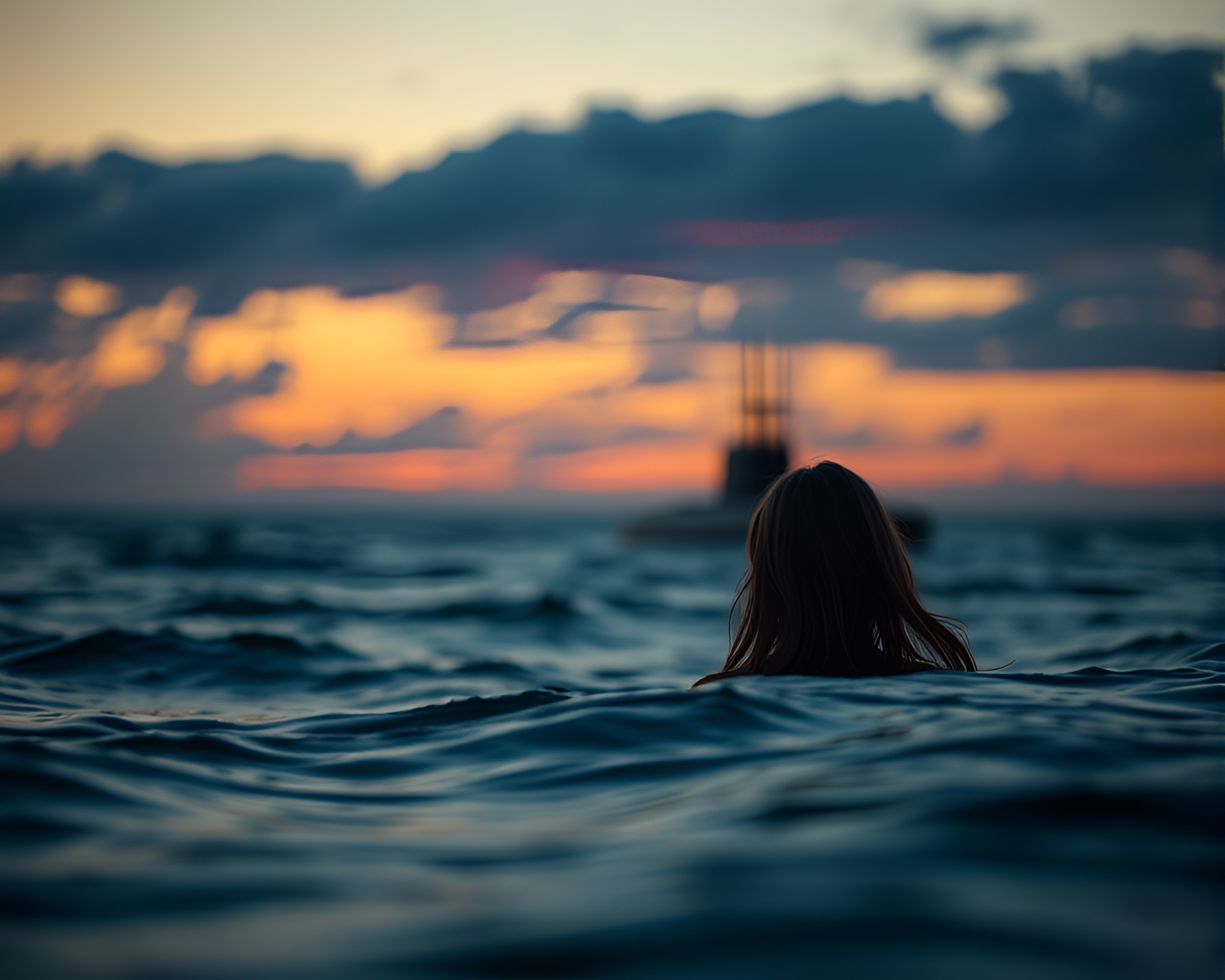 Submarine Emerging at Dusk with Hair Simulation Effect – free AI stock image