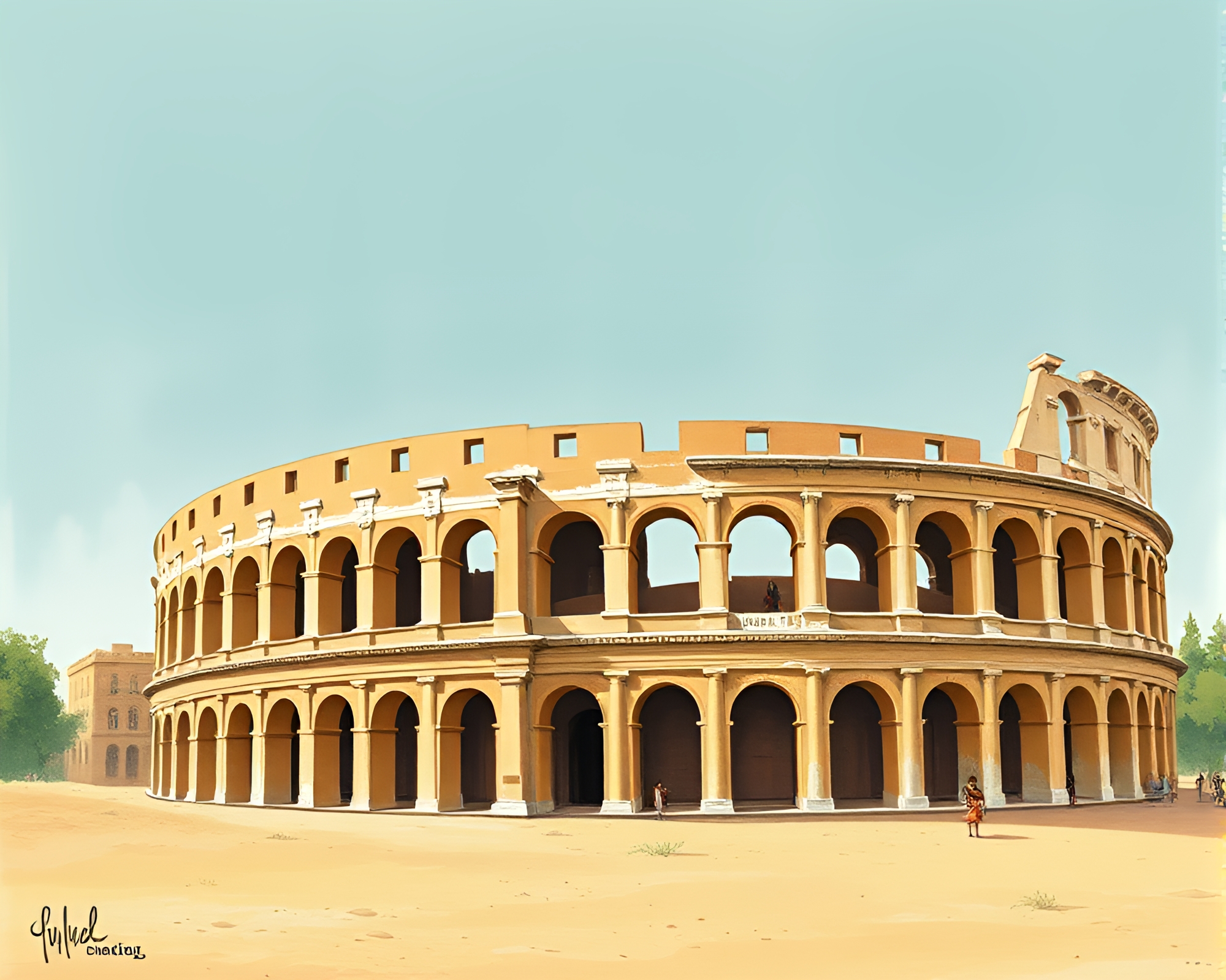 Roman Coliseum with Silver Leaf Accents Children’s Illustration – free AI stock image
