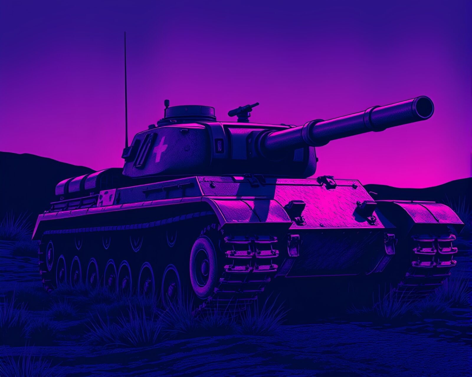 Armored tank in twilight with linocut style textures and lighting