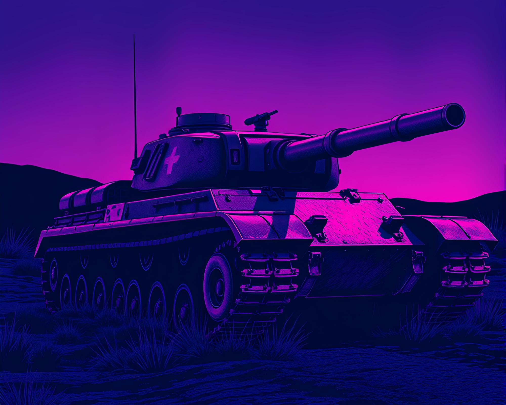 Twilight Tank Battle with Linocut Textures – free AI stock image