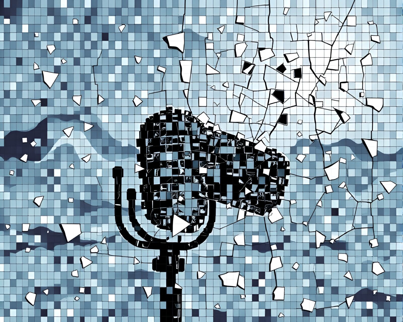 Abstract broken mosaic of a microphone in snowy wasteland