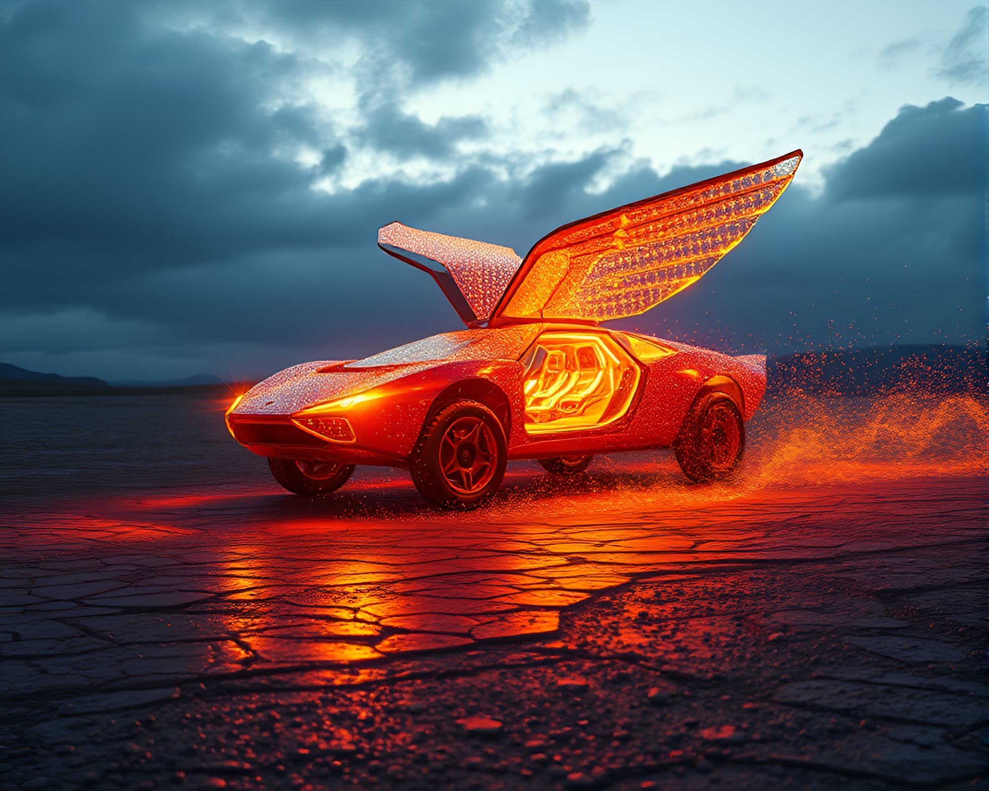 Flying Car Framed by Solar Flare Glow – free AI stock image