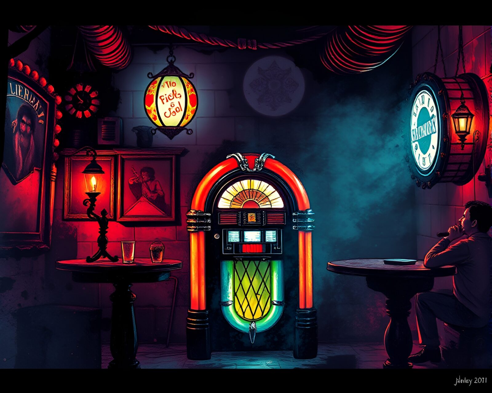 Retro jukebox in candlelit dungeon with ink splashes