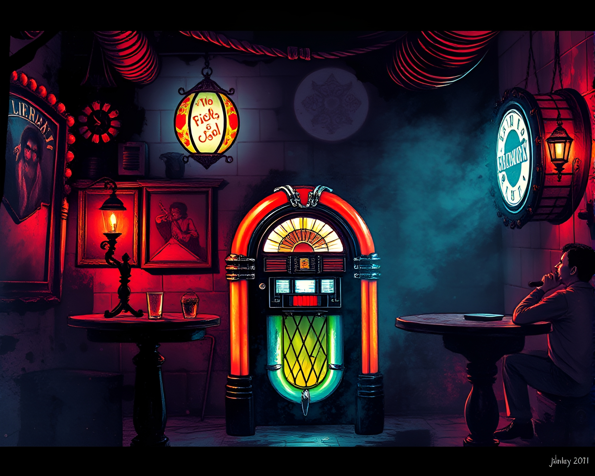 Vintage Jukebox Illuminated by Ink Splashes in Dungeon – free AI stock image