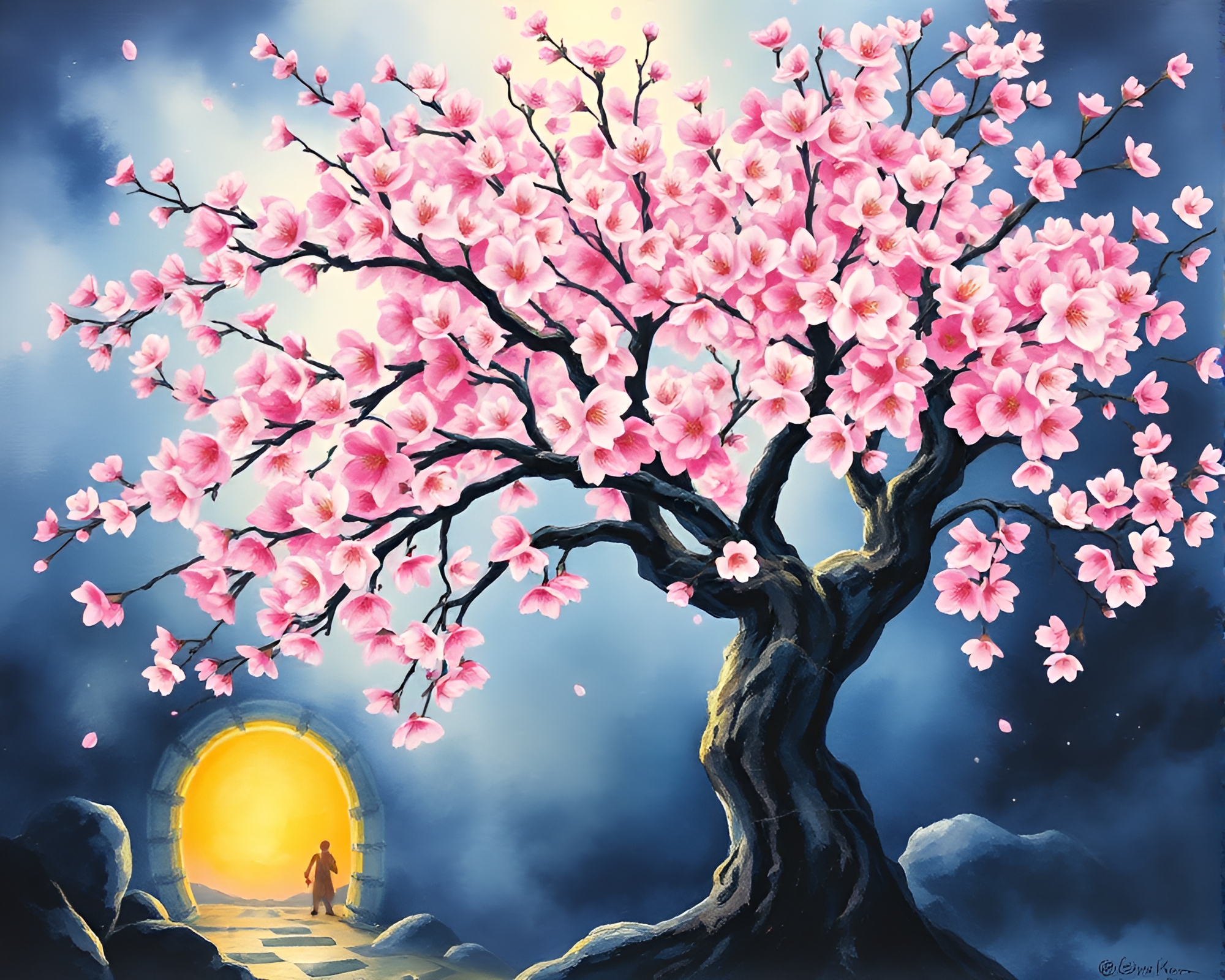 Cherry Blossom Dungeon Torchlight Watercolor Painting – free AI stock image