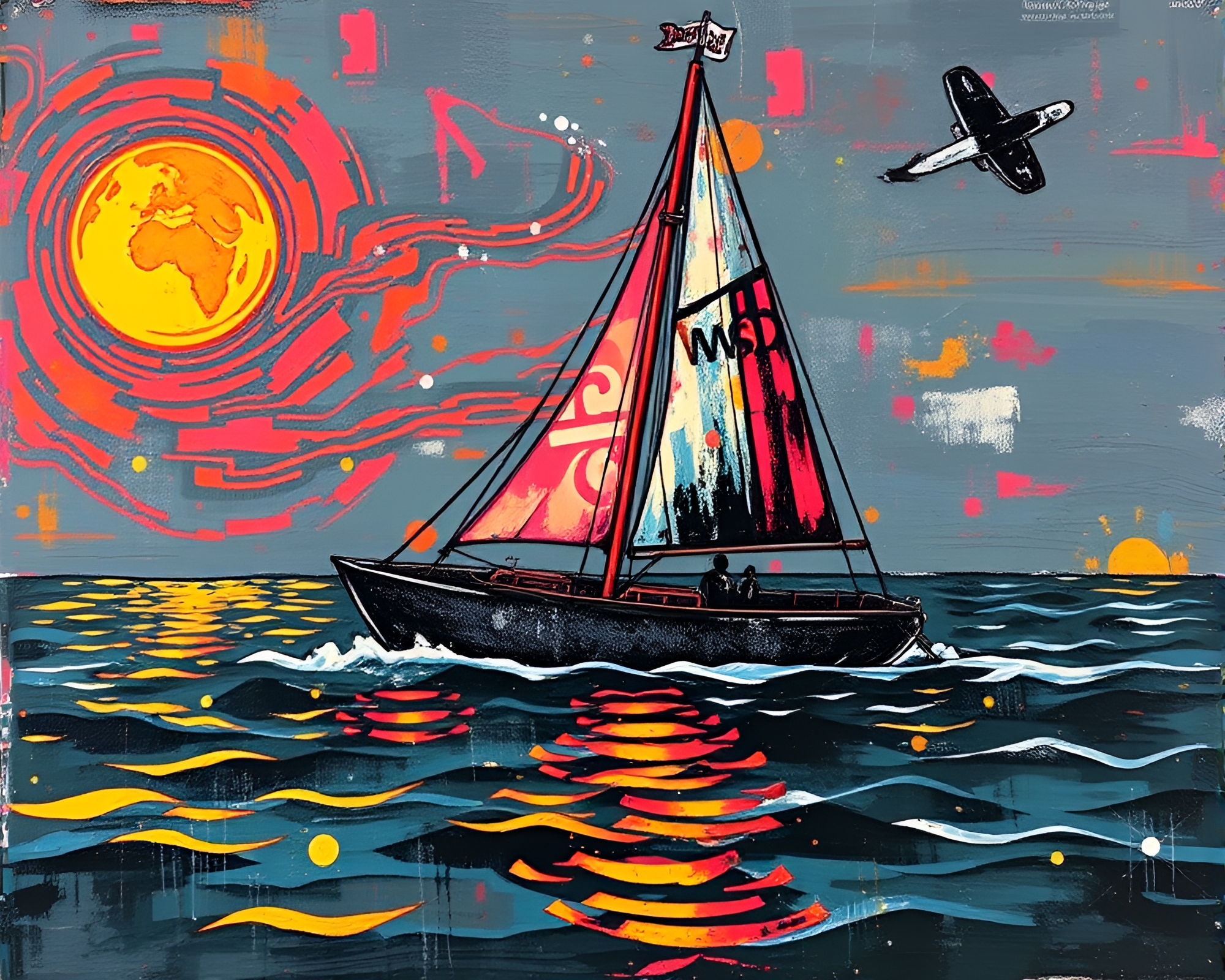 Neon Solar Sailboat Sailing Through Linocut Textures – free AI stock image