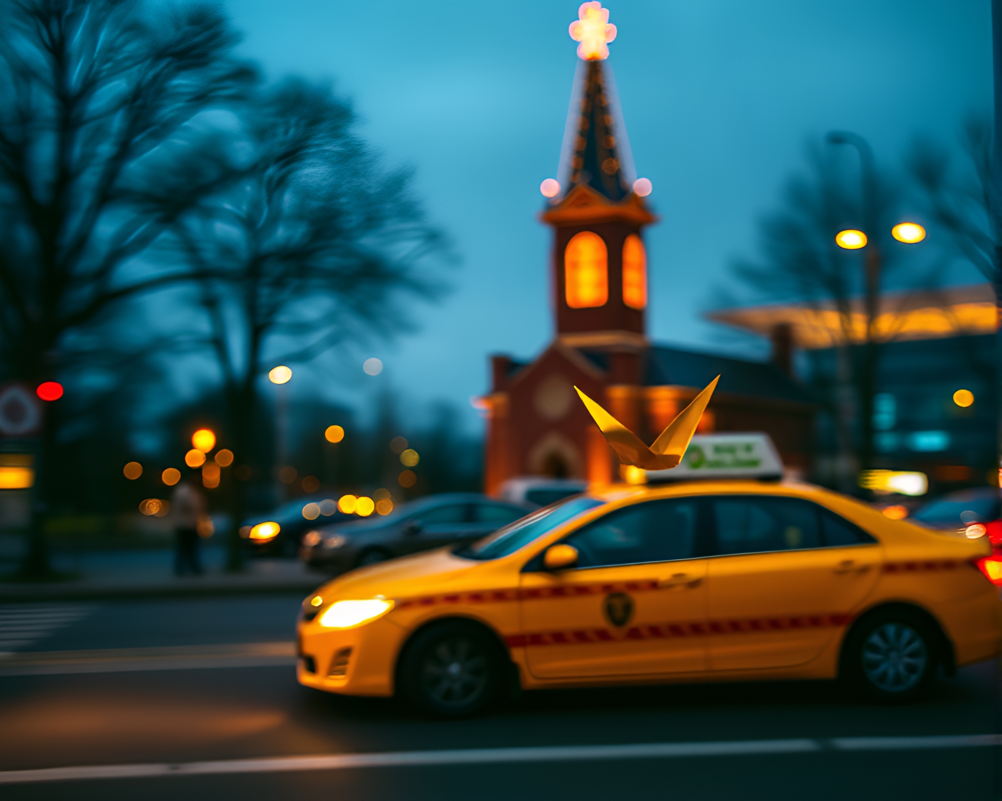 Taxi Blur Origami Crane Church Candlelight Fusion – free AI stock image