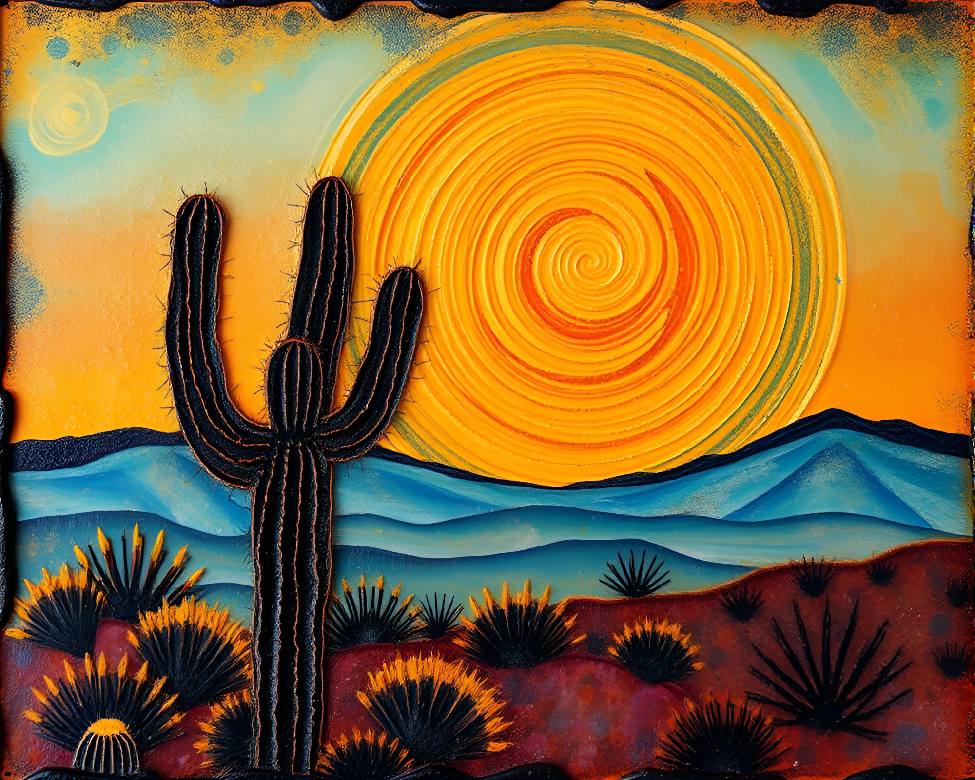 Desert Sunset Cactus with Fingerprint Swirls Encaustic Painting – free AI stock image