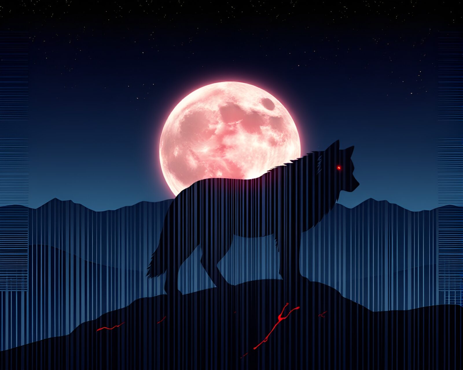 Fractal art of a majestic wolf under moonlight and red volcanic glow with barcode stripes