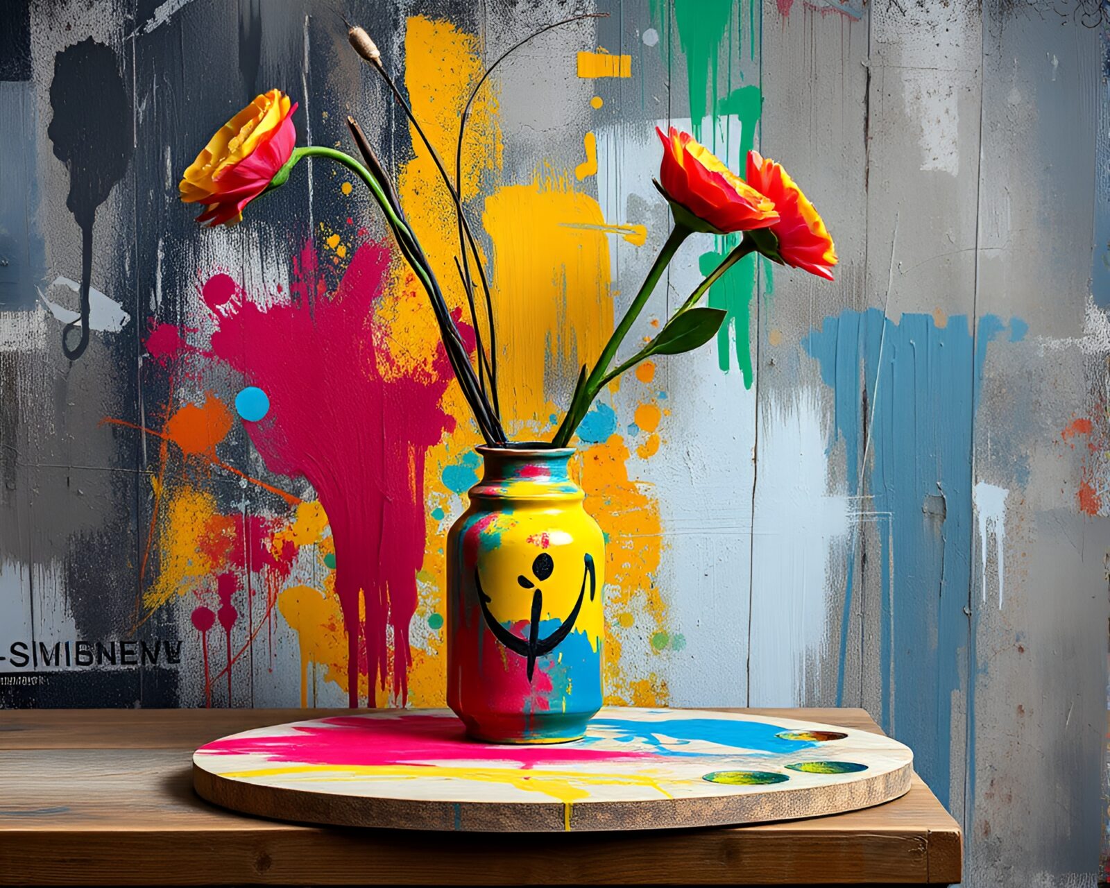 Colorful spray paint vase against urban backdrop in studio
