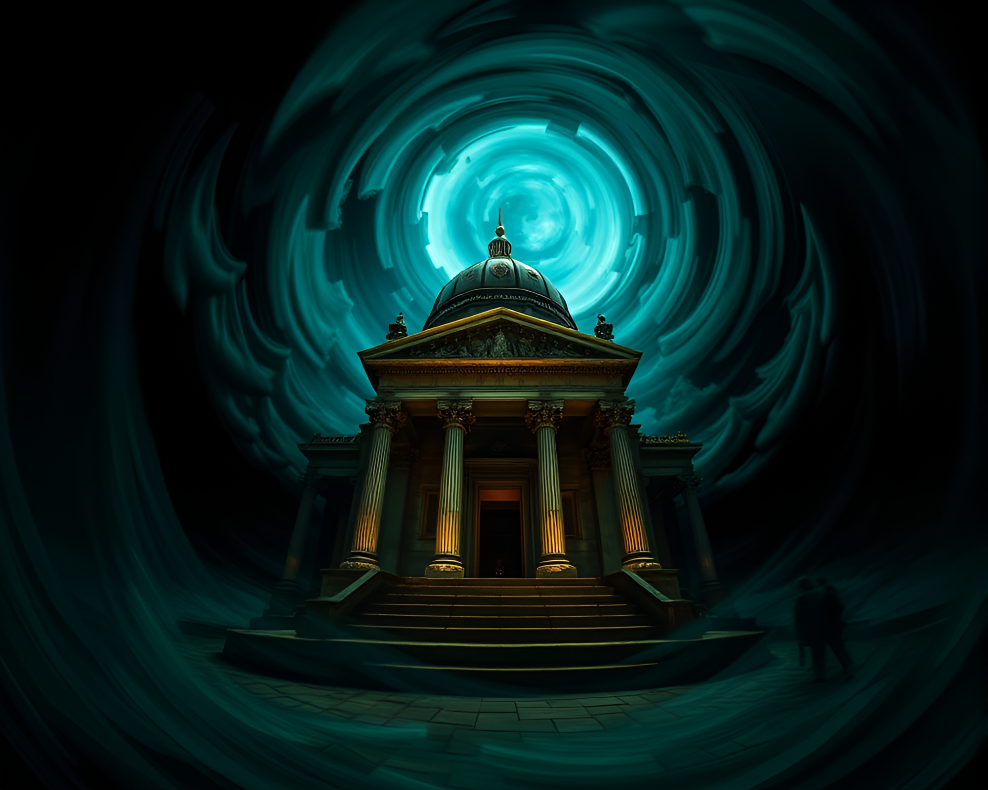 Swirling Lens Distortion at Dramatic Temple Chiaroscuro – free AI stock image