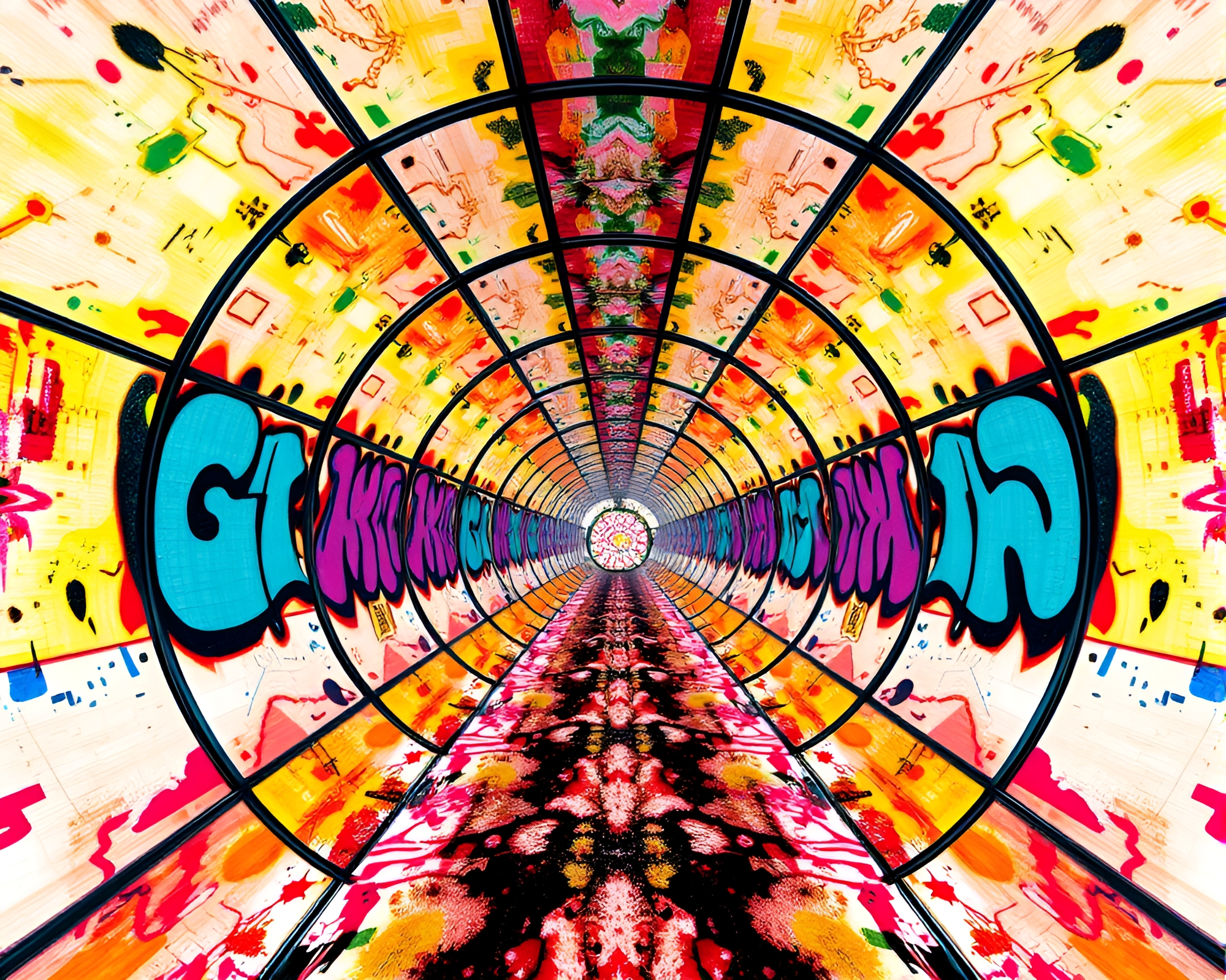 Glass Tunnel Graffiti Cloth Simulation – free AI stock image