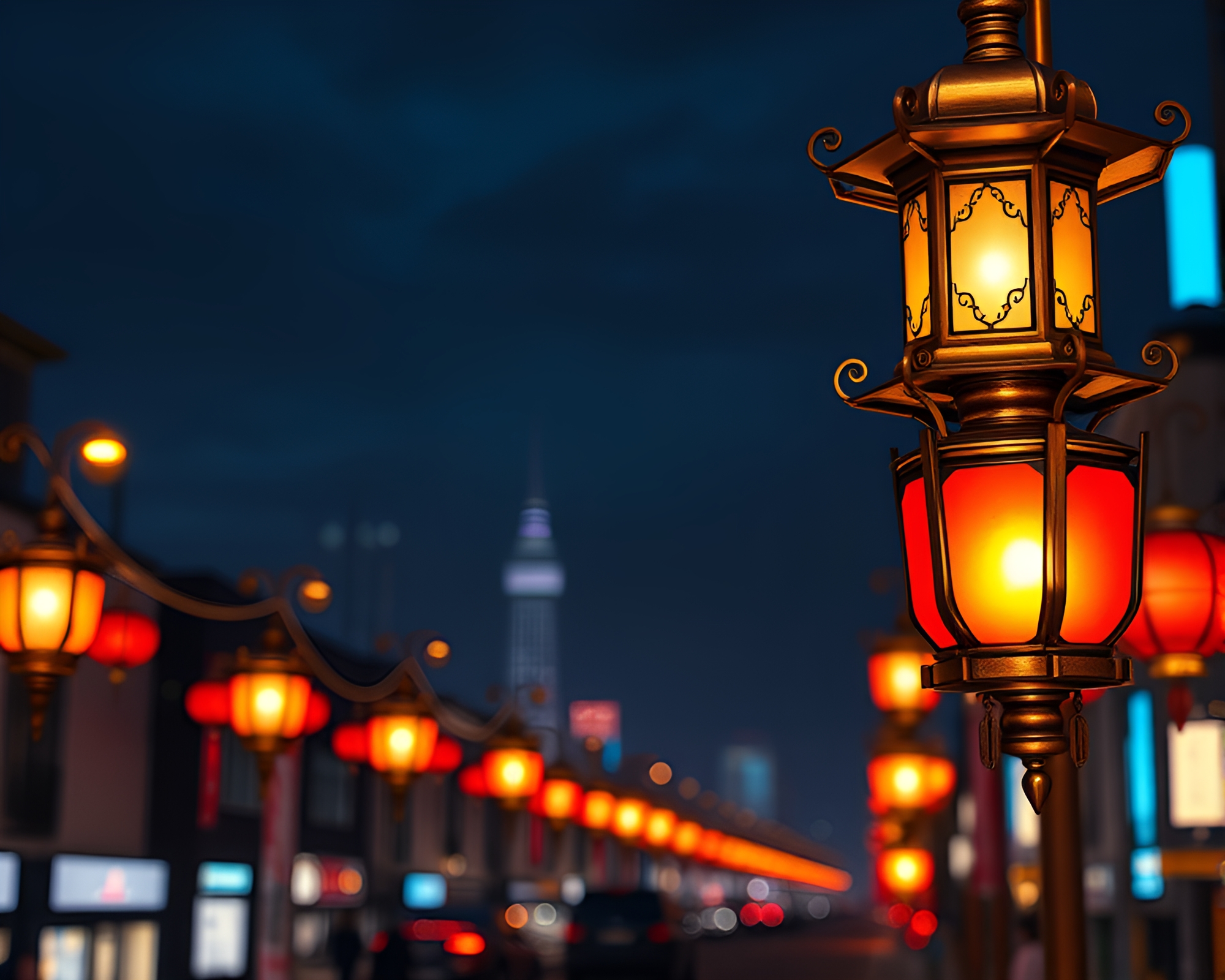 Bronze Lantern Illuminated by City Lights Contrasts Night Sky – free AI stock image