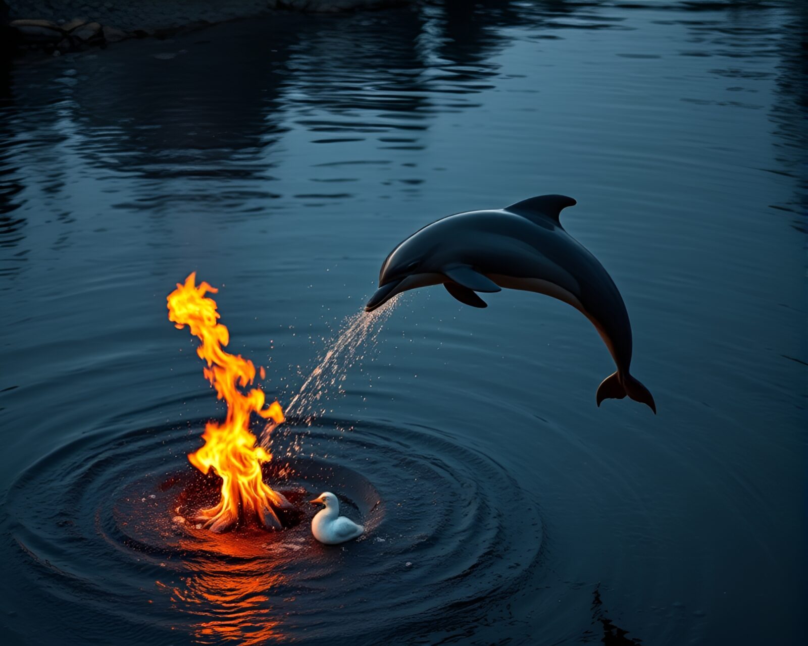 Écorché depiction of mythical dolphin by flickering flames