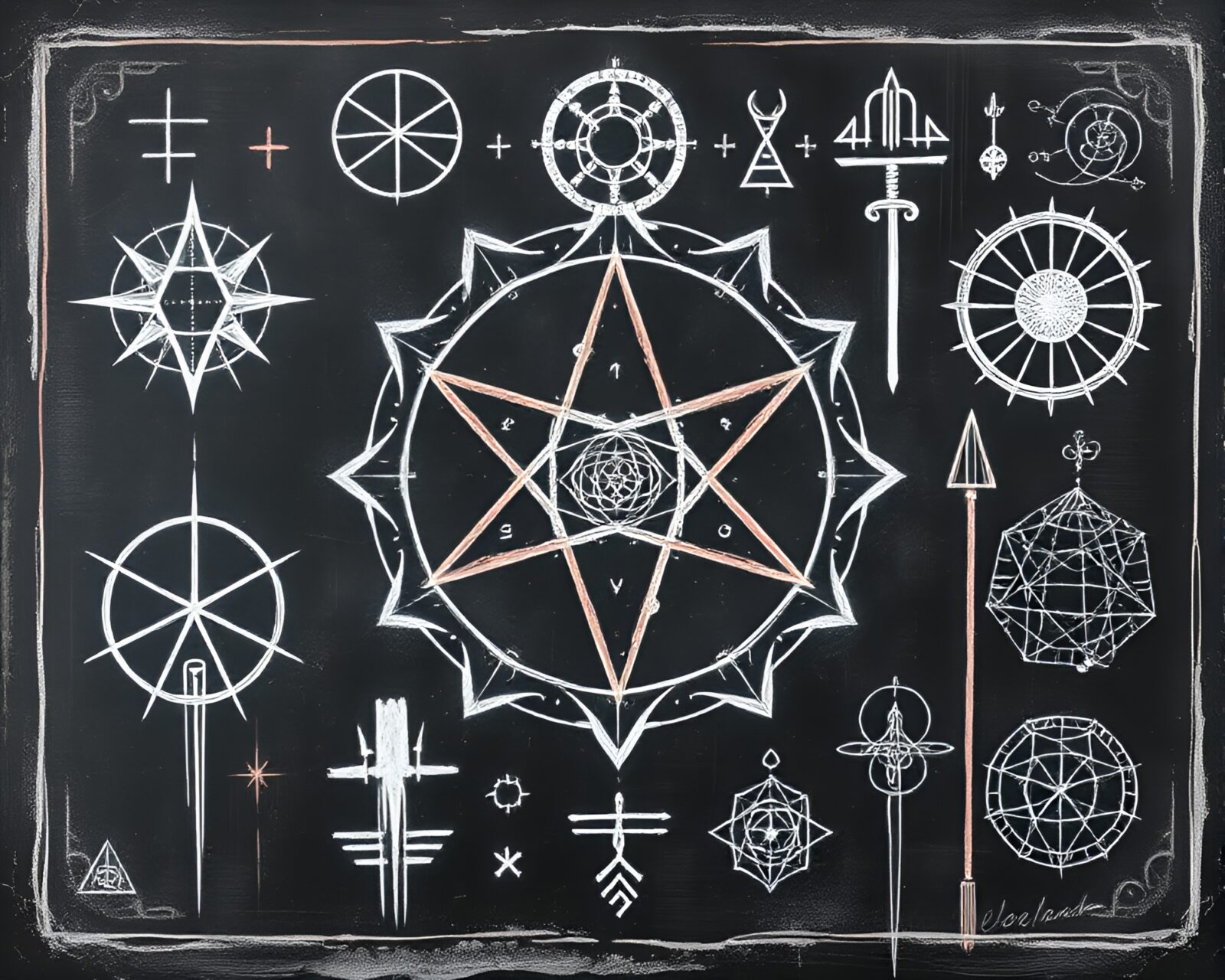 Volcanic ash-tinted image with chaotic chalk drawings and symbols