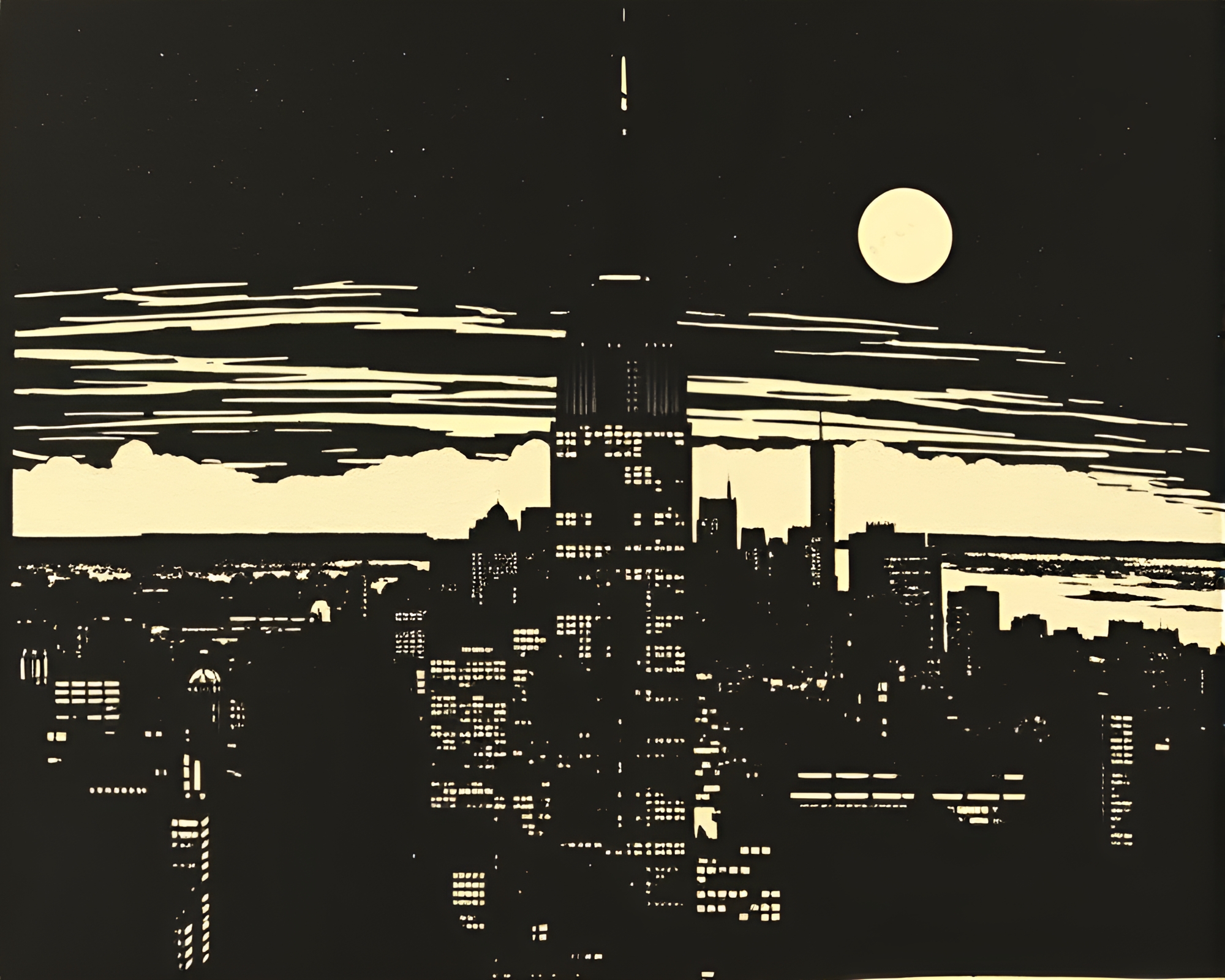 Moonlit Skyscraper Shadow Play Woodcut Print – free AI stock image
