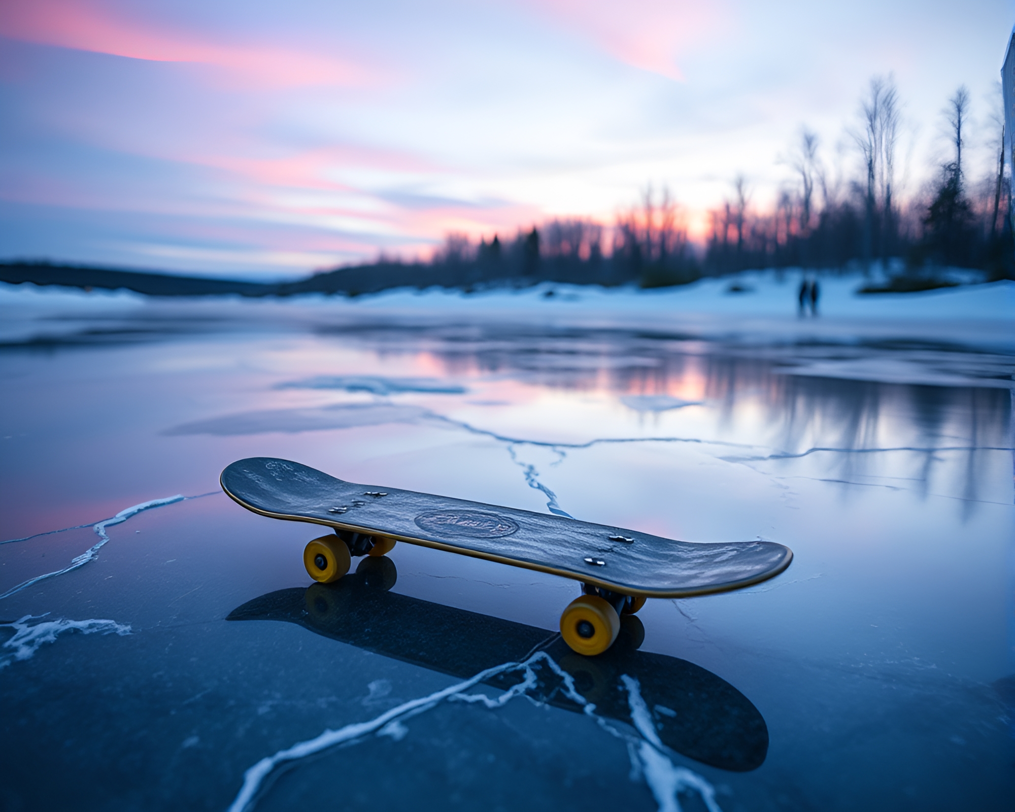 Neon Skateboarder Gliding on Reflective Ice Crack – free AI stock image