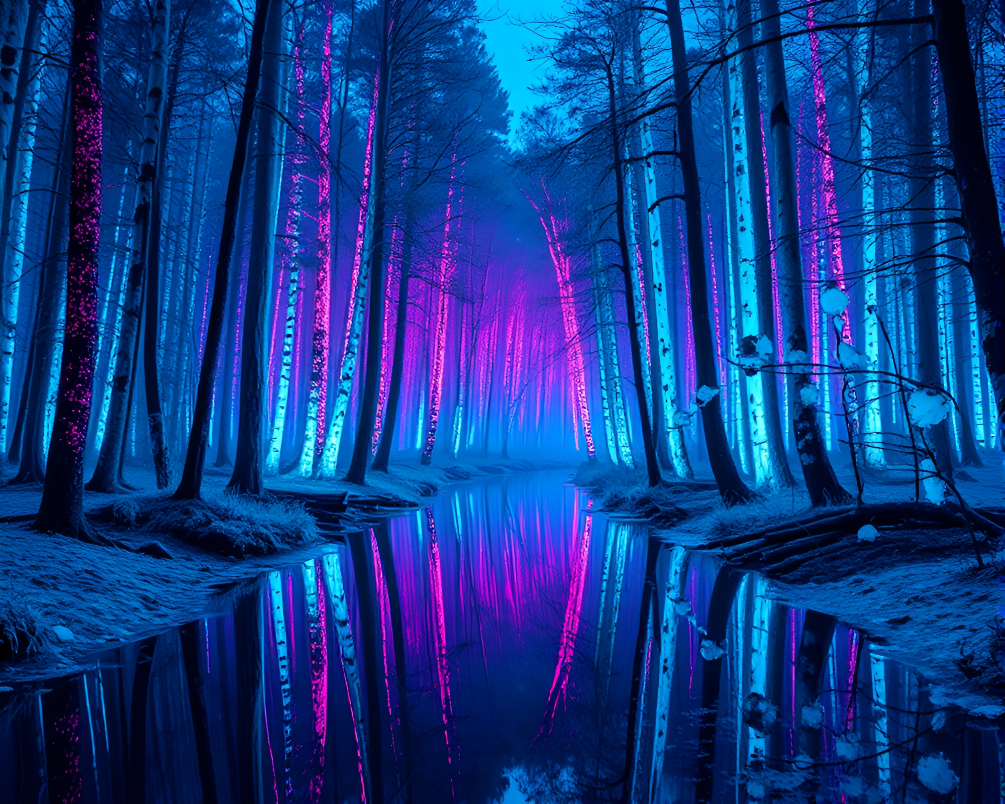 Luminous Forest: Ice-Blue Neon Reflections – free AI stock image