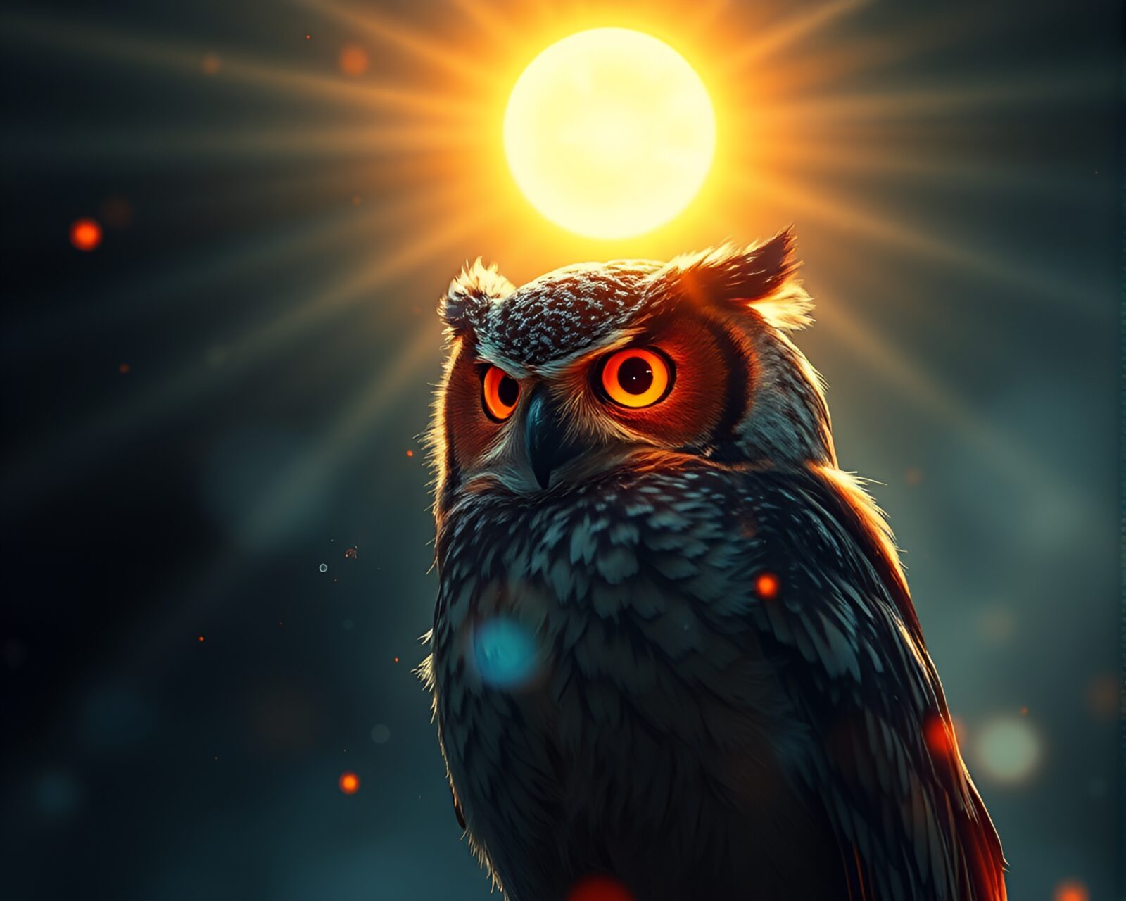 Ethereal owl with glowing solar aura in artistic study