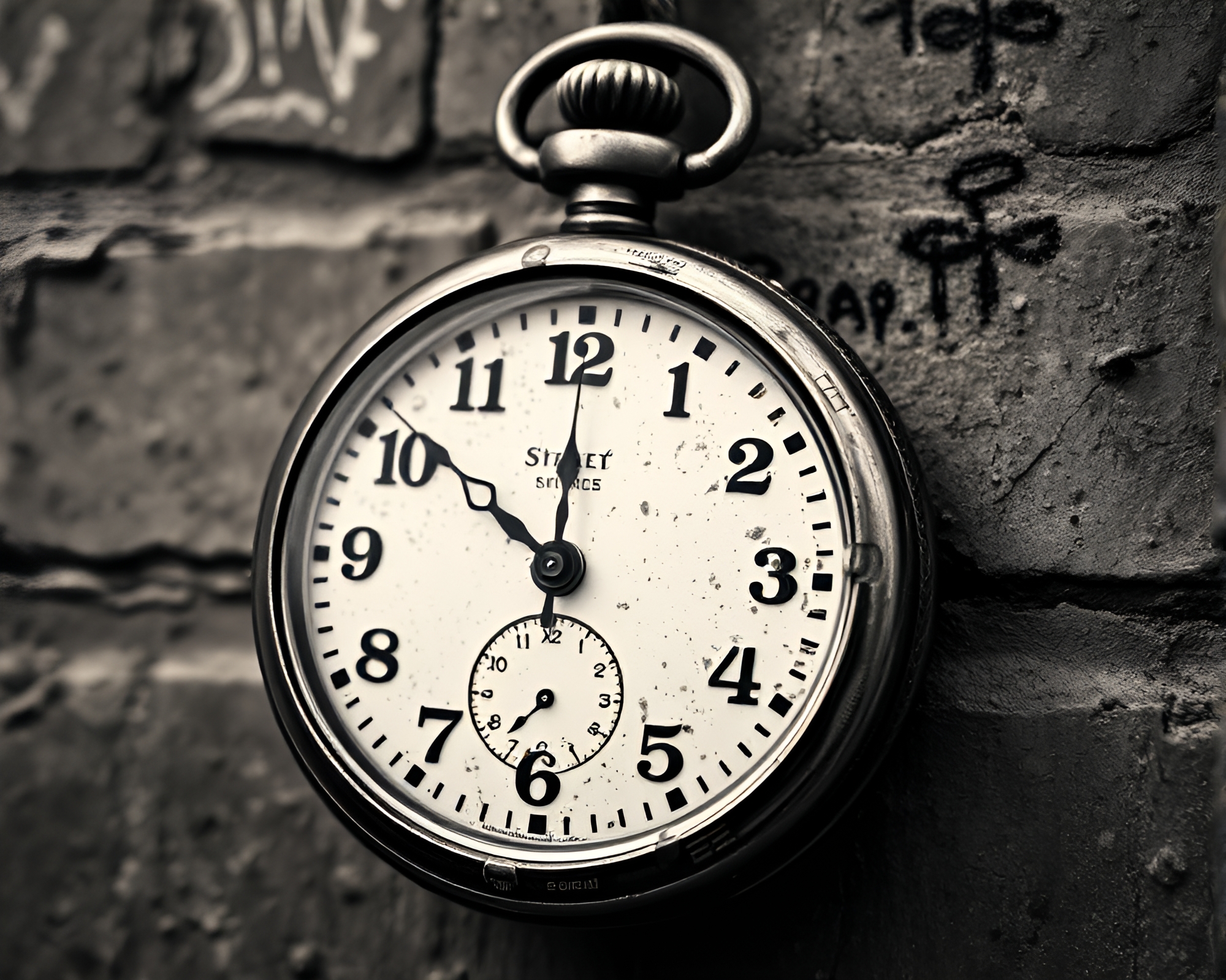 Urban pocket watch graffiti in monochrome sepia tones – free AI stock image