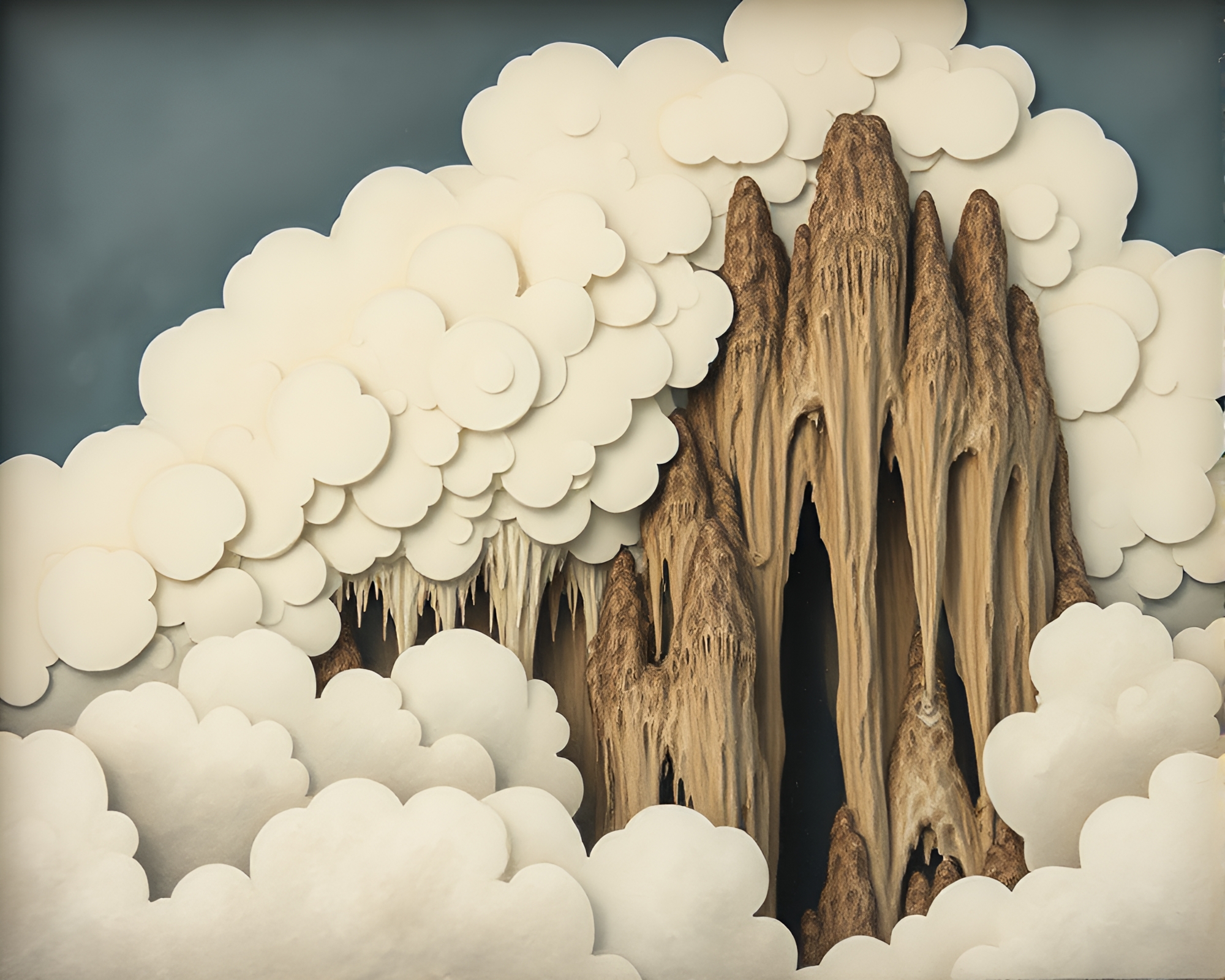 Mystical Cave Stalactites Amongst Dreamy Cloud Formations – free AI stock image