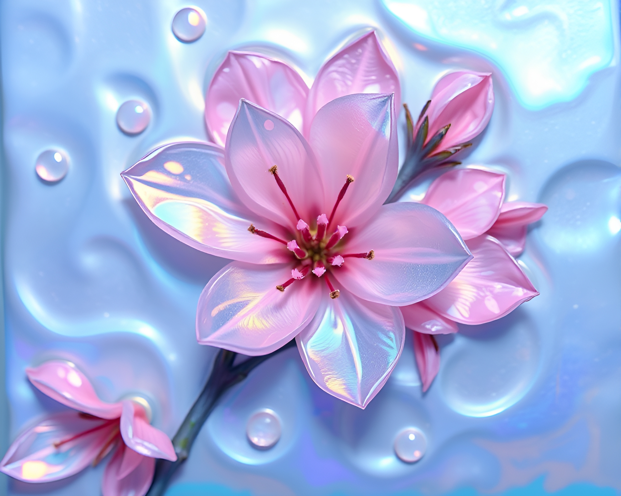 Iridescent Blossom: Steel-Blue Mixed Media Art – free AI stock image