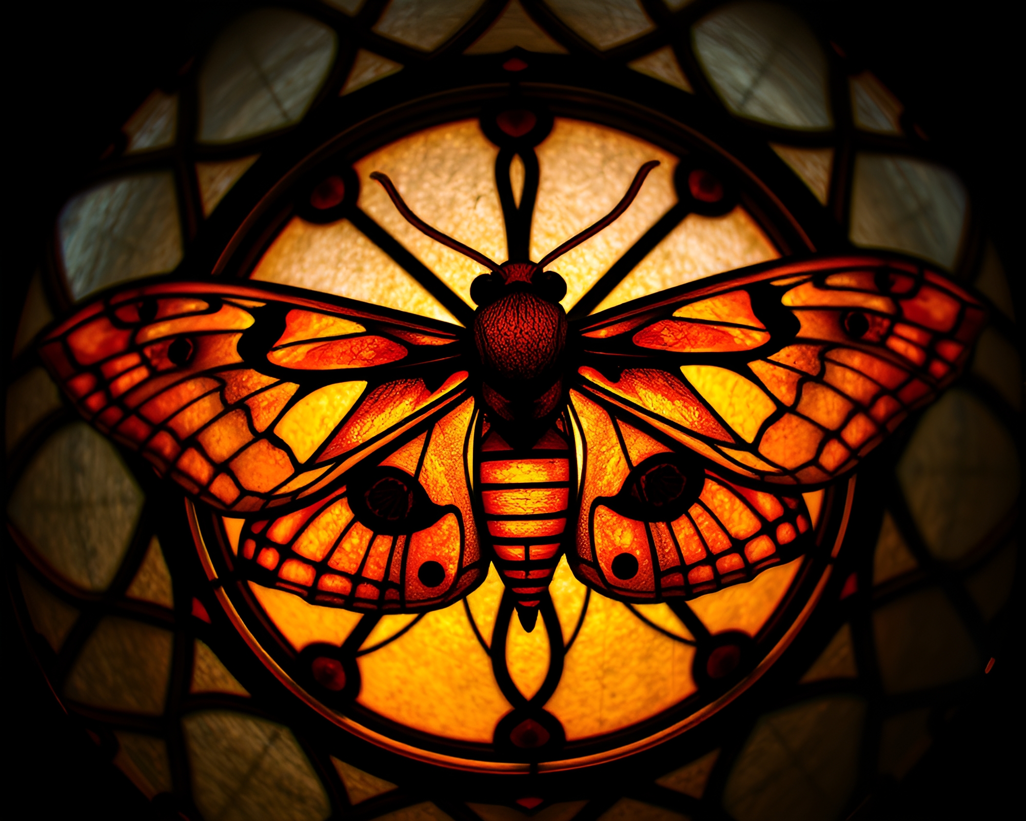 Moth’s Eye View: Stained Glass Moth in Bronze Light – free AI stock image