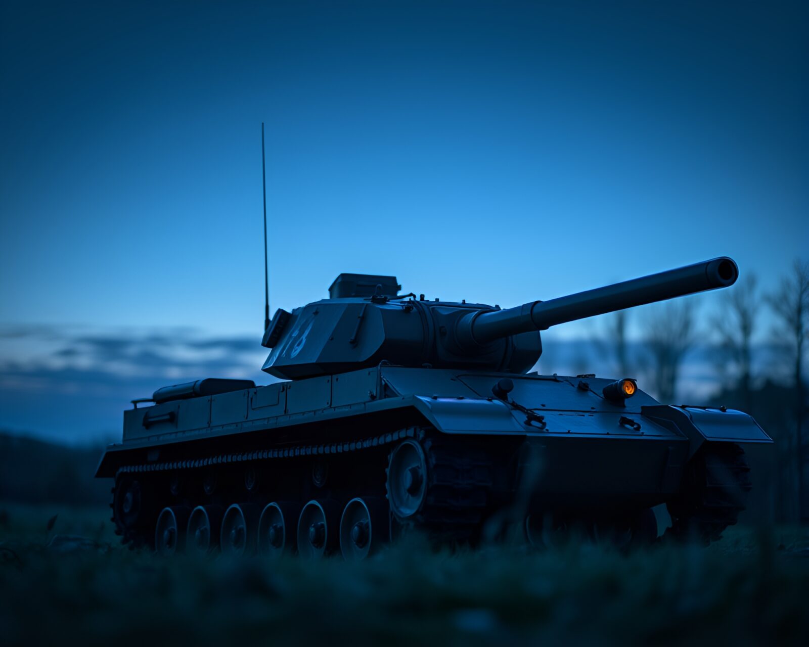 Armored tank in shallow depth of field at sunset