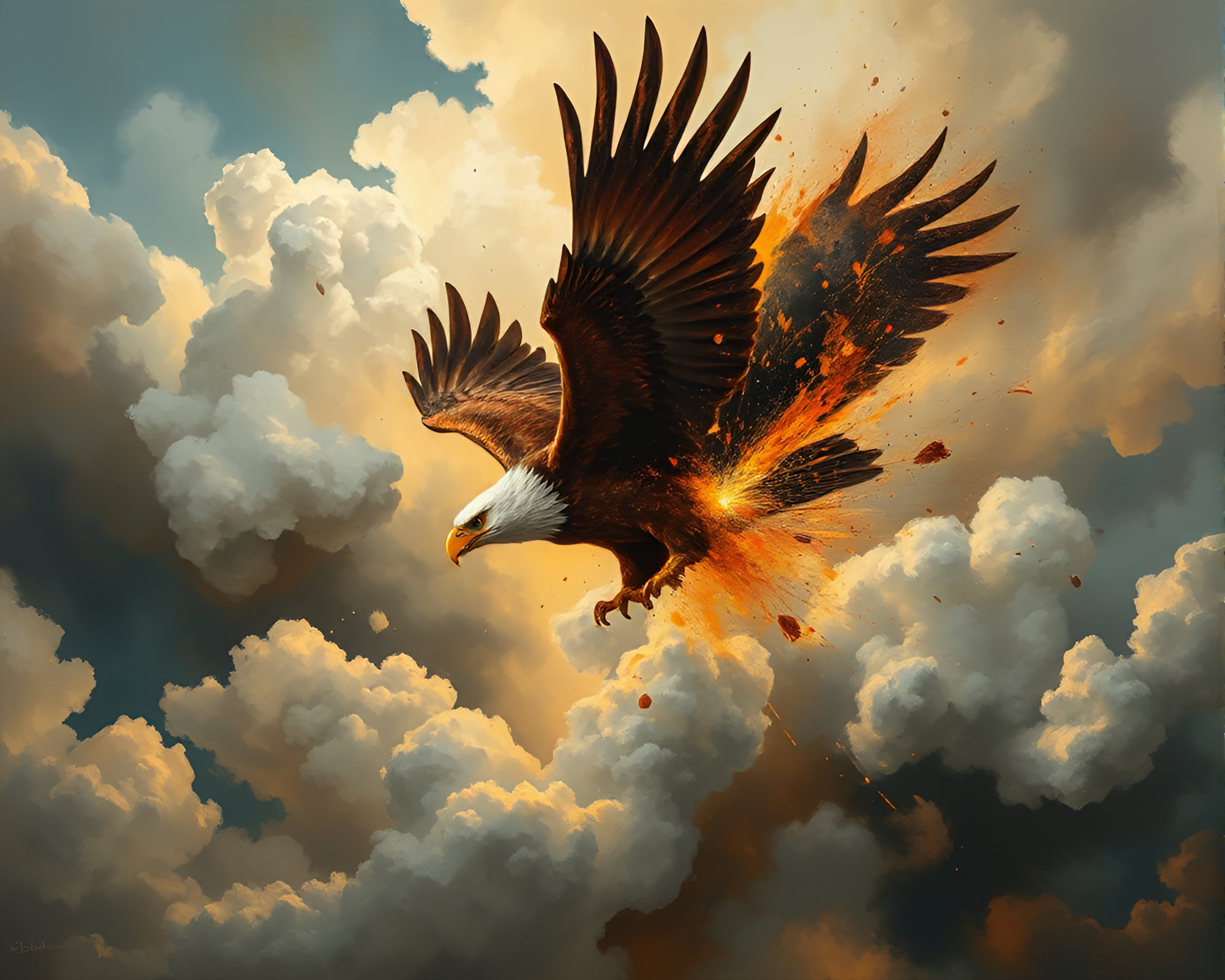 Eagle Soaring Through Muted Explosion Clouds – free AI stock image