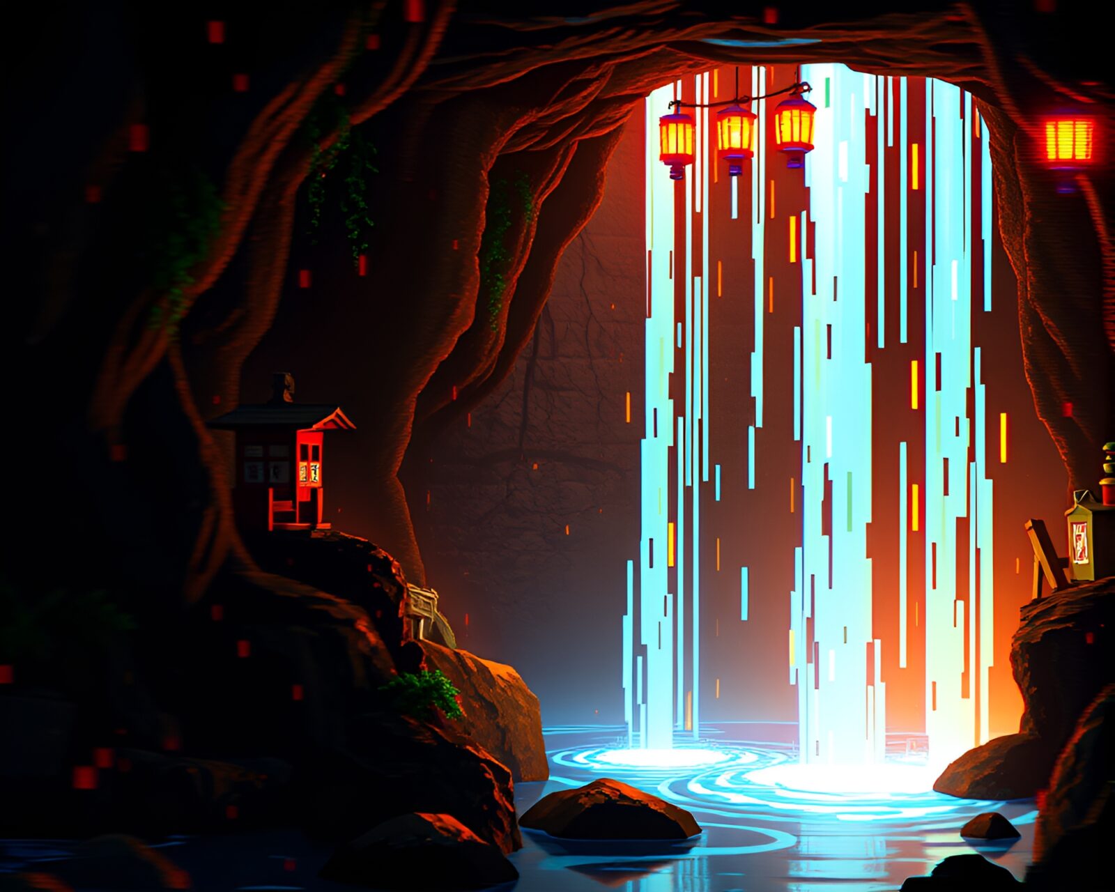 Voxel art scene of glitch waterfall under lantern light